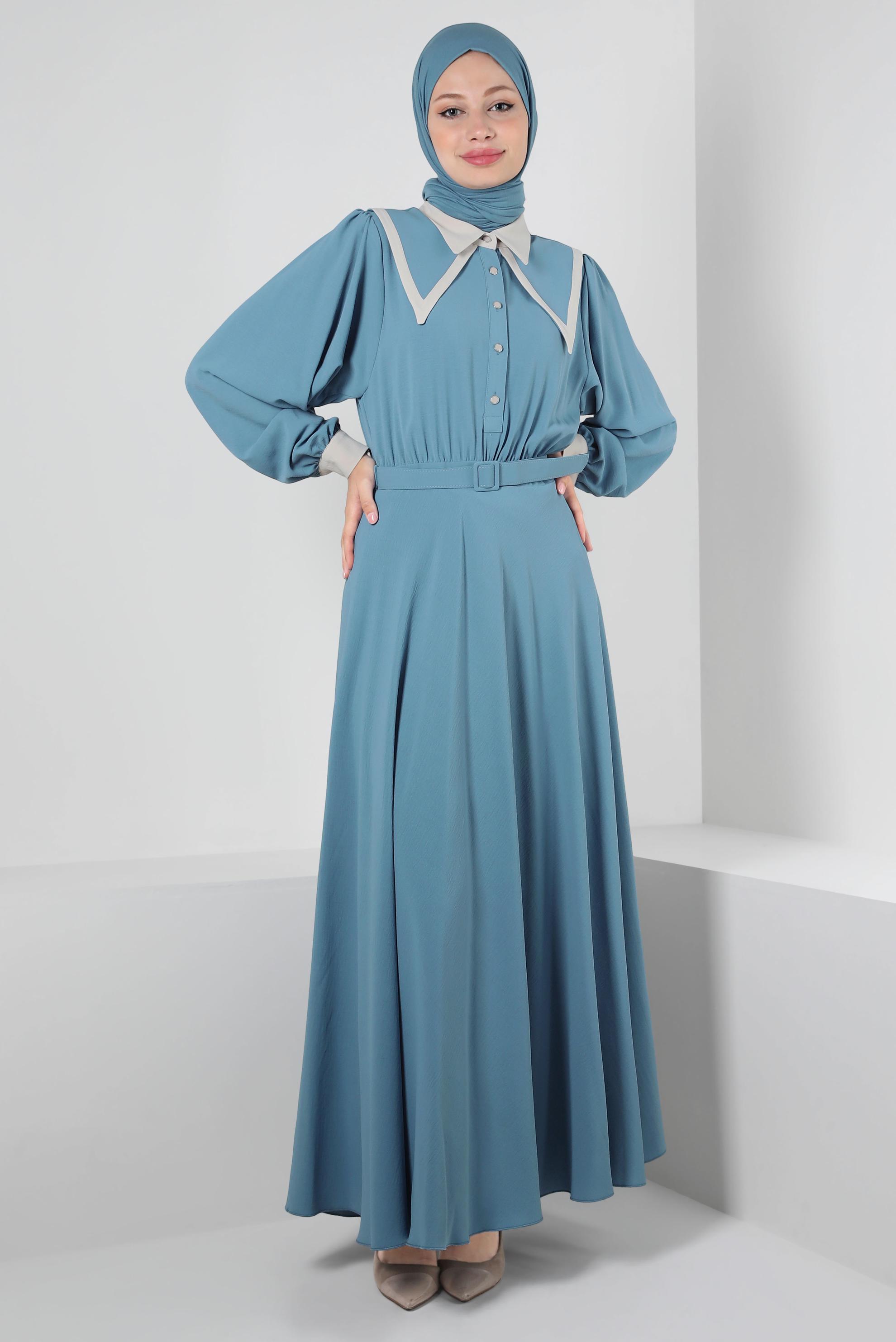 Tesettür giyim MAVİ YAKA DETAYLI DÜĞMELİ KEMERLİ ELBİSE 43937