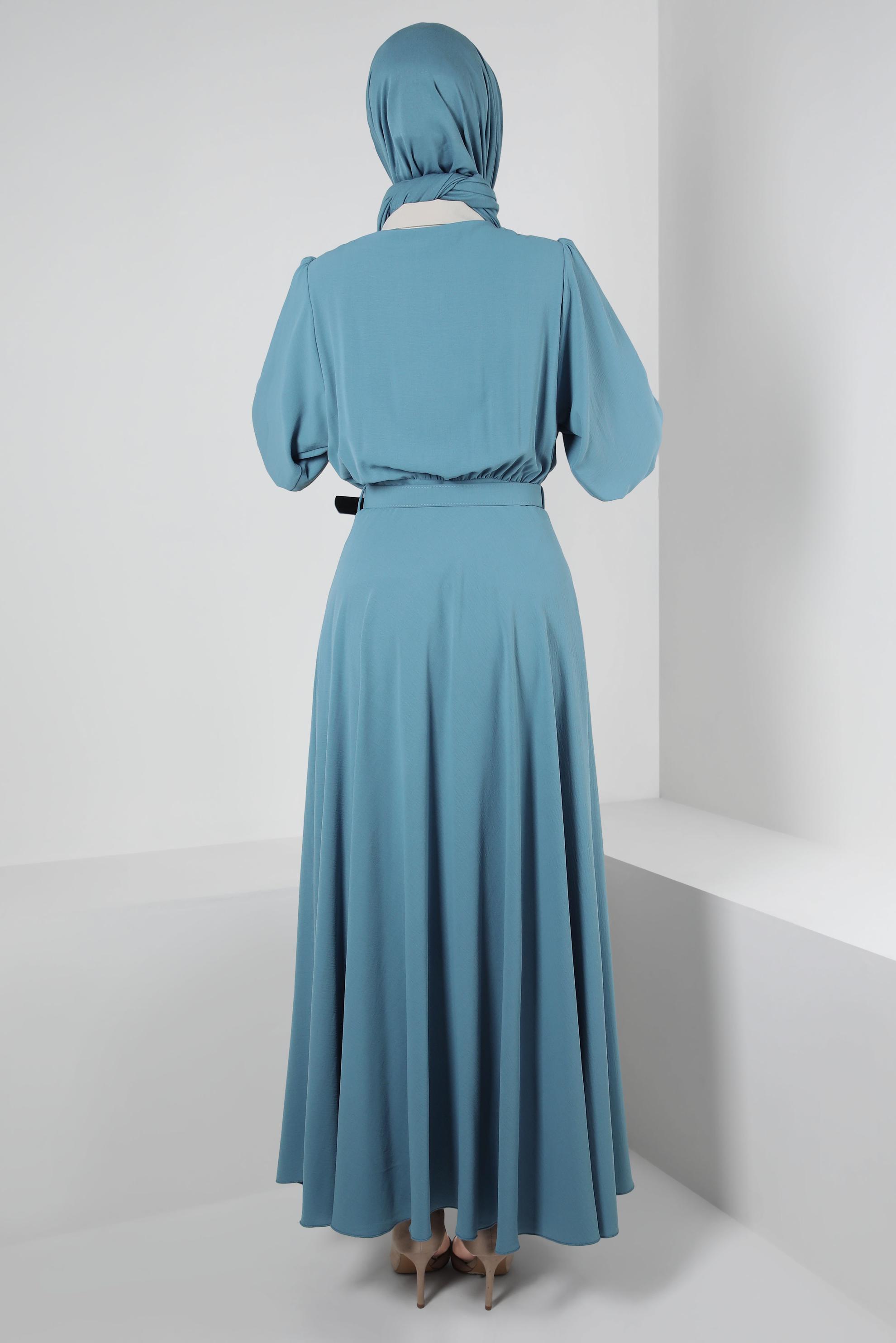 Tesettür giyim MAVİ YAKA DETAYLI DÜĞMELİ KEMERLİ ELBİSE 43937