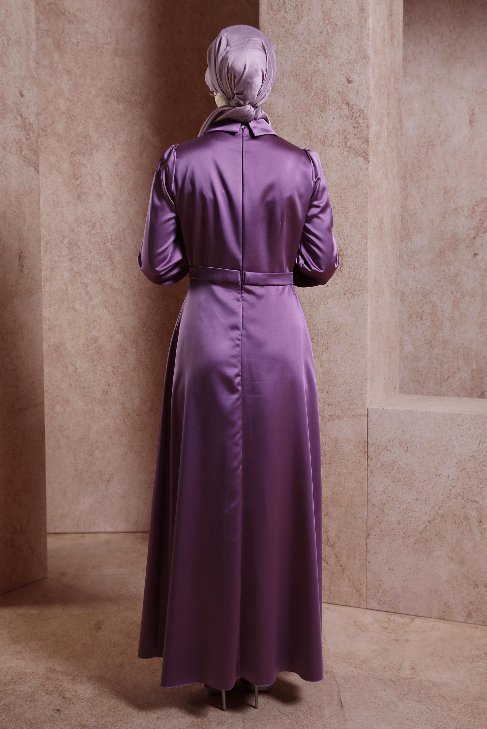 Tesettür giyim MOR TAŞ İŞLEMELİ SATEN ELBİSE 43940