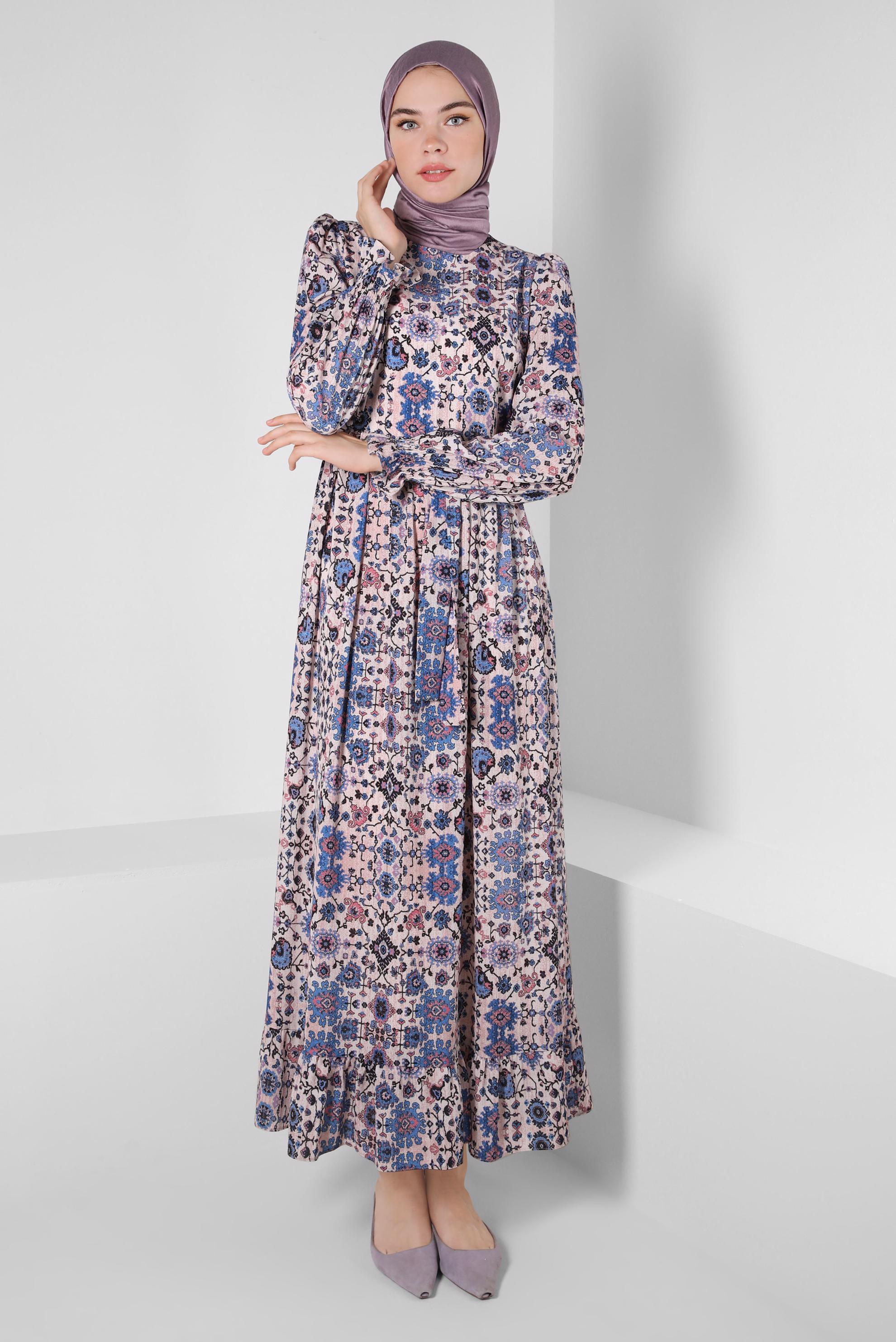 Tesettür giyim MAVİ ETNİK DESENLİ KUŞAKLI ELBİSE 43947