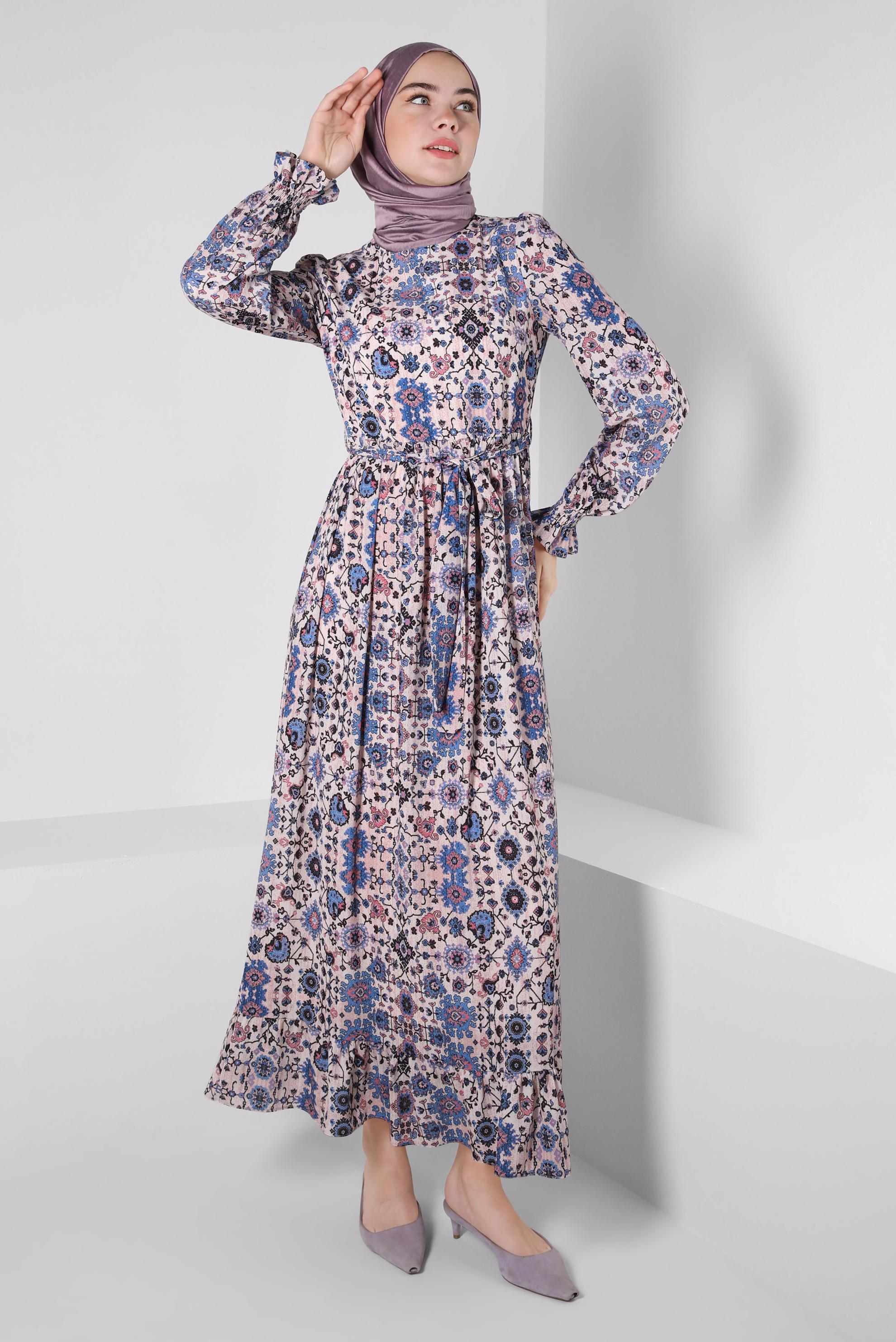 Tesettür giyim MAVİ ETNİK DESENLİ KUŞAKLI ELBİSE 43947