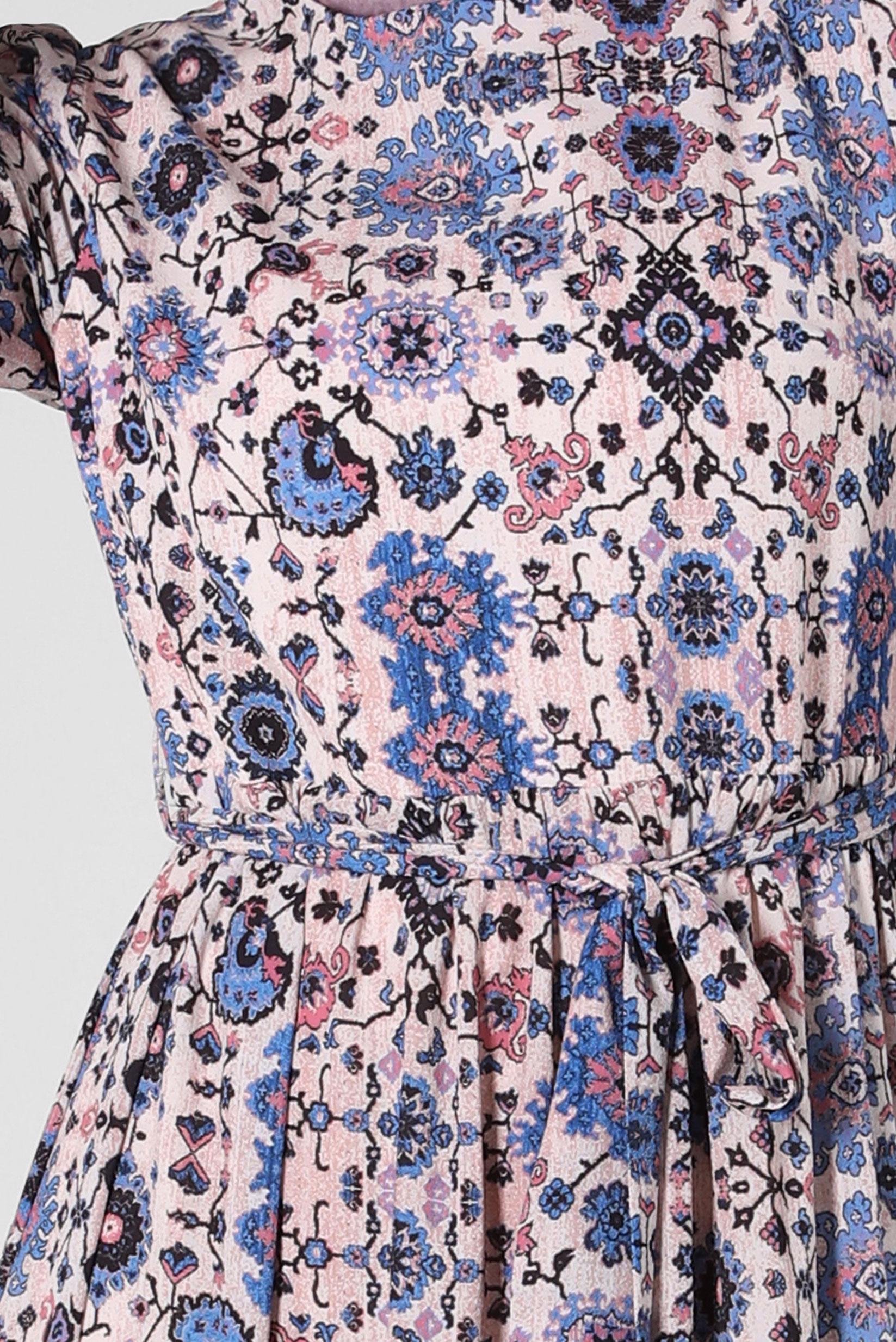 Tesettür giyim MAVİ ETNİK DESENLİ KUŞAKLI ELBİSE 43947