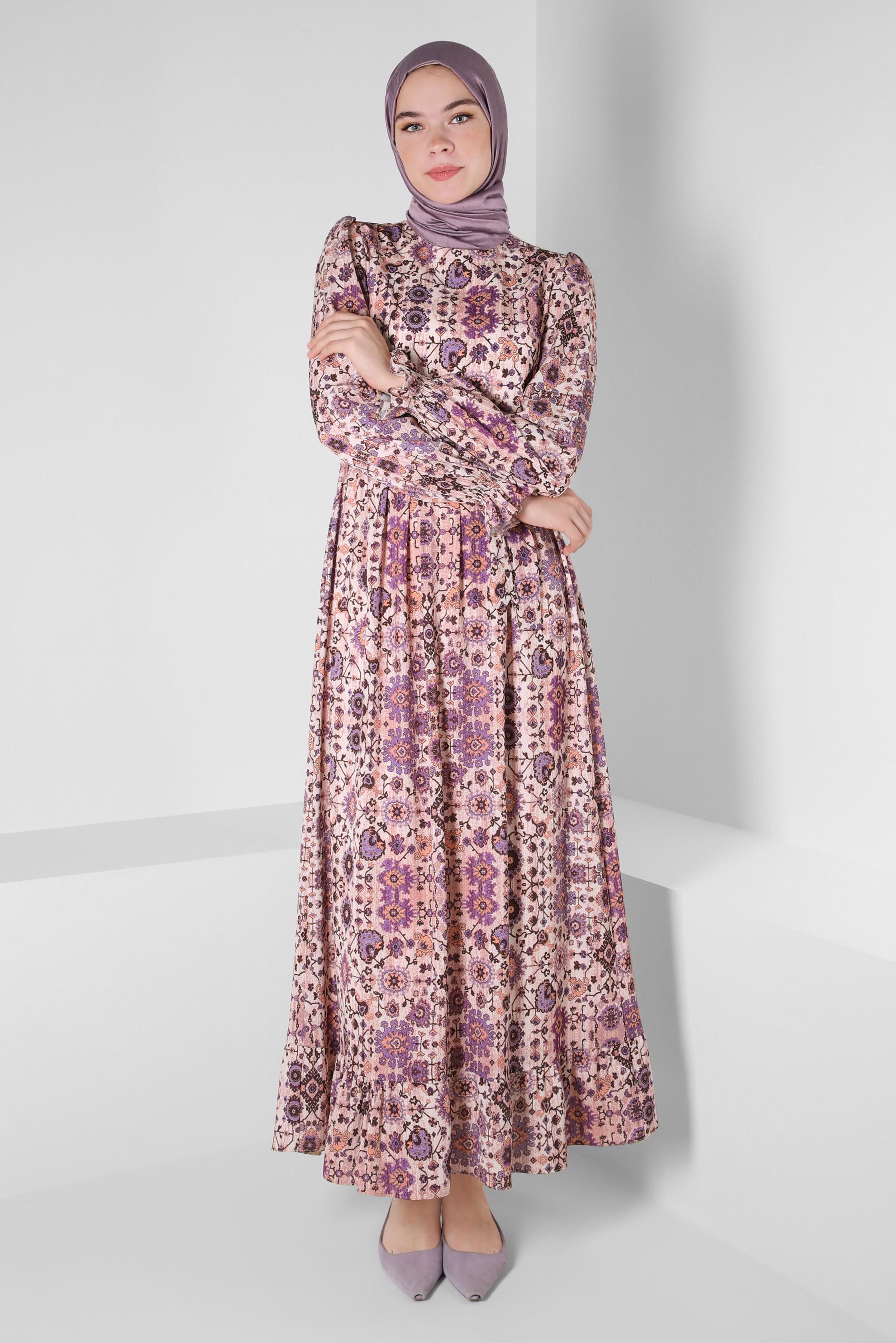 Tesettür giyim MOR ETNİK DESENLİ KUŞAKLI ELBİSE 43947