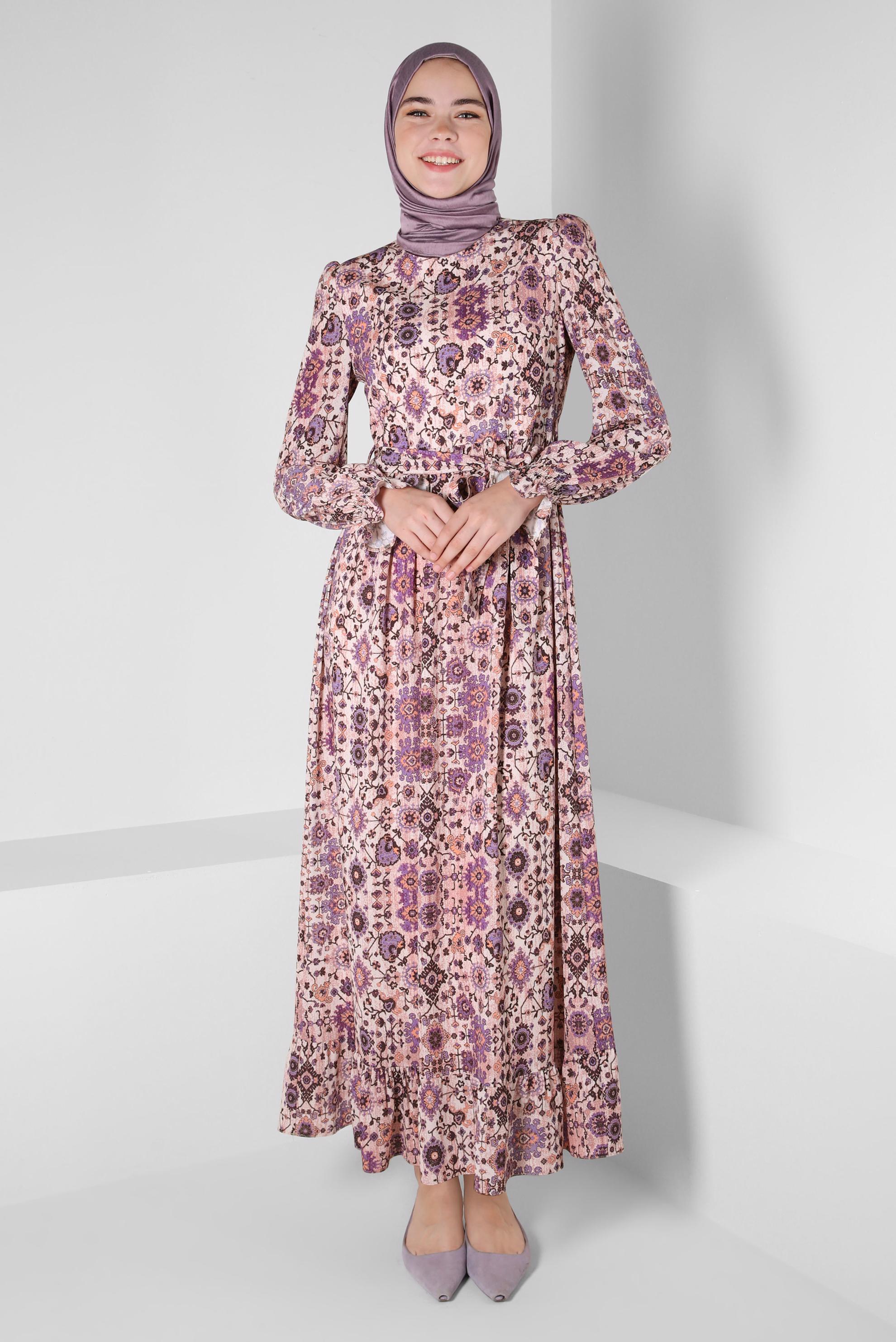 Tesettür giyim MOR ETNİK DESENLİ KUŞAKLI ELBİSE 43947