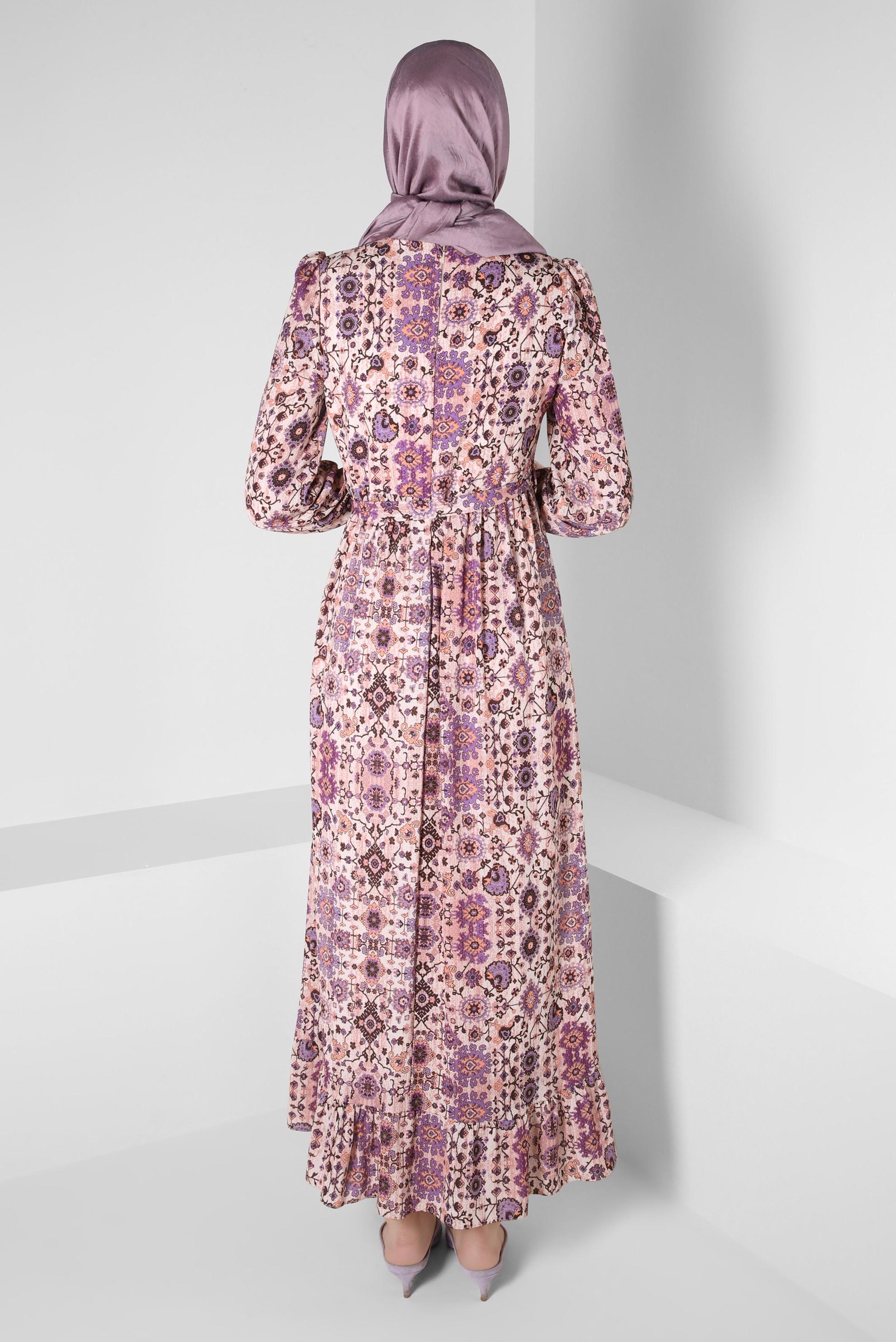 Tesettür giyim MOR ETNİK DESENLİ KUŞAKLI ELBİSE 43947