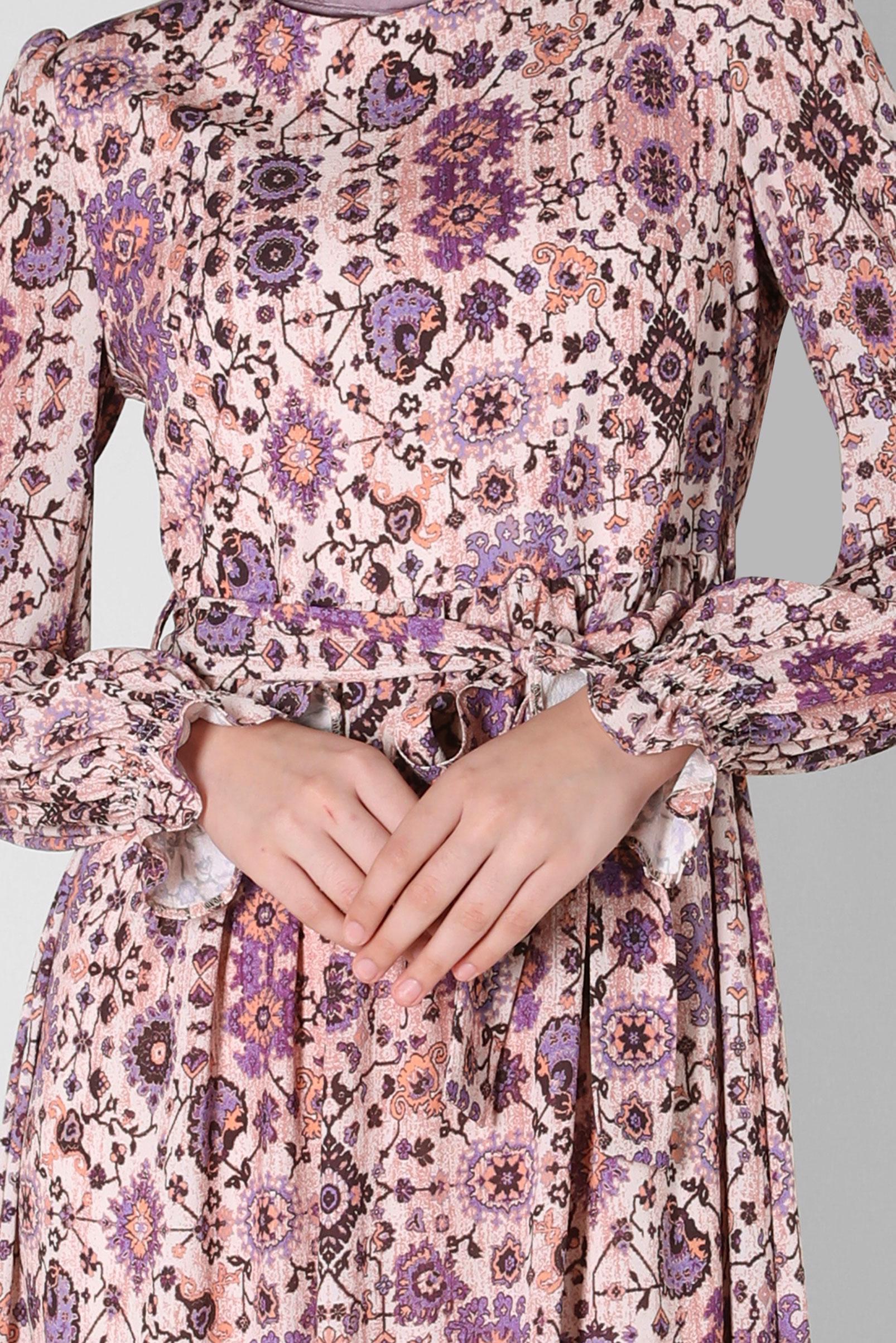 Tesettür giyim MOR ETNİK DESENLİ KUŞAKLI ELBİSE 43947