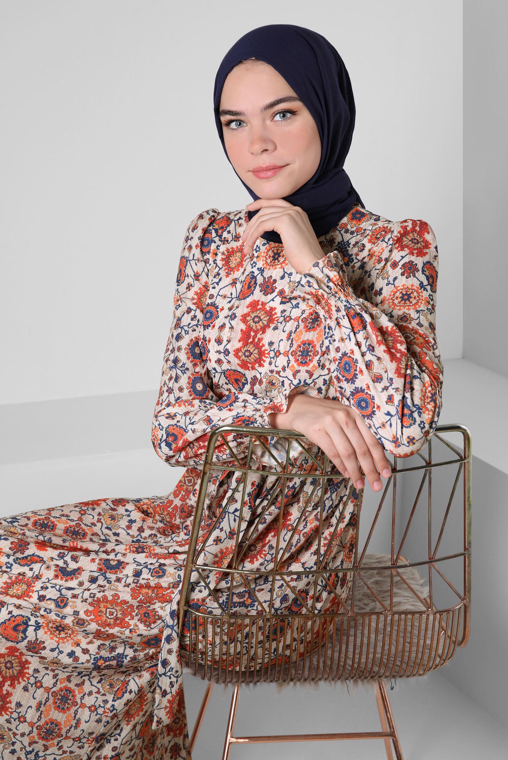 Tesettür giyim TURUNCU ETNİK DESENLİ KUŞAKLI ELBİSE 43947