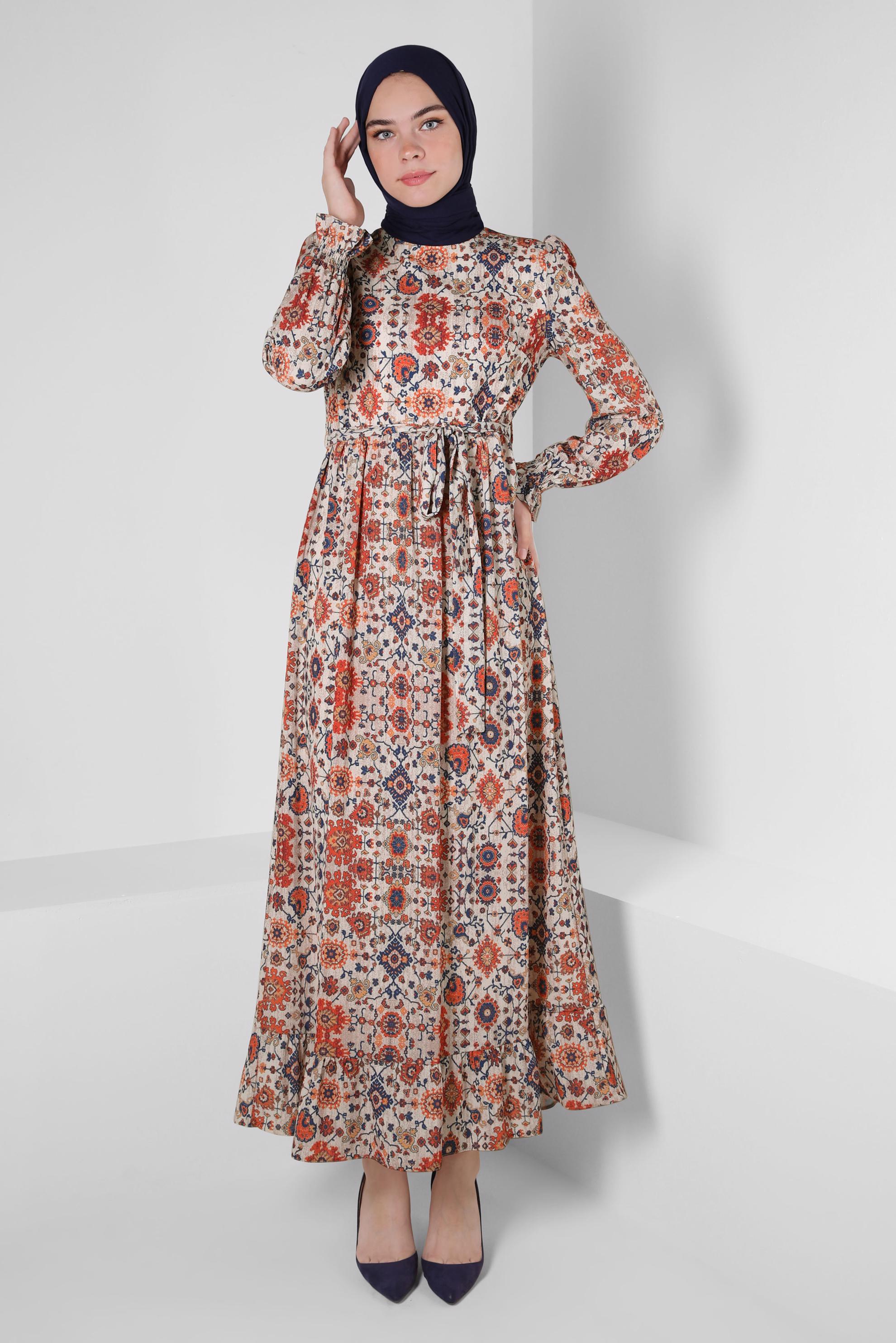 Tesettür giyim TURUNCU ETNİK DESENLİ KUŞAKLI ELBİSE 43947
