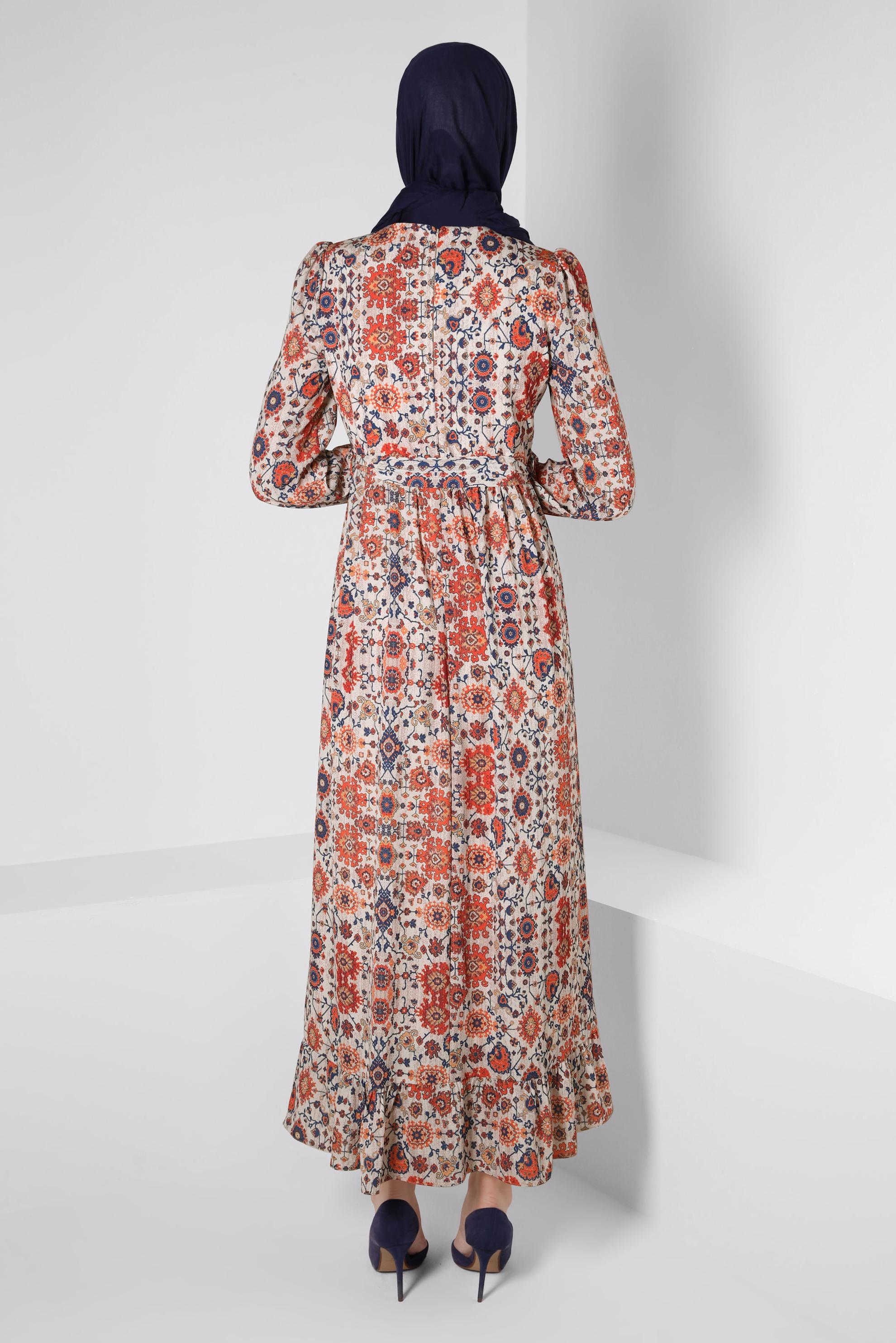 Tesettür giyim TURUNCU ETNİK DESENLİ KUŞAKLI ELBİSE 43947