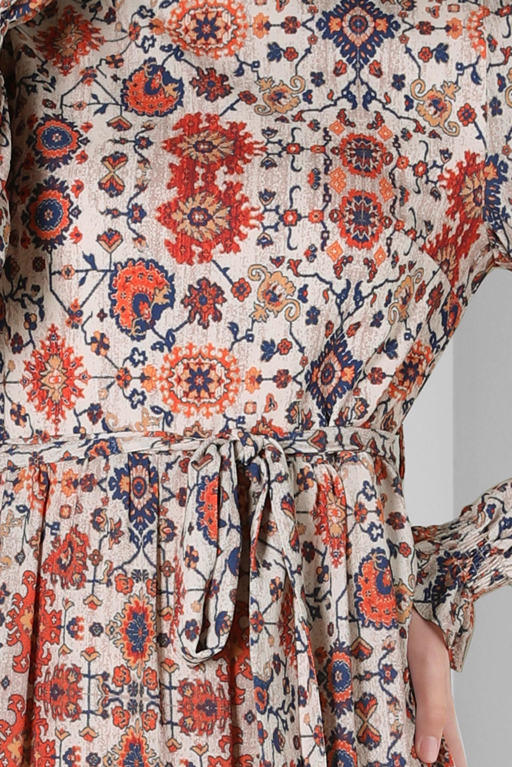 Tesettür giyim TURUNCU ETNİK DESENLİ KUŞAKLI ELBİSE 43947