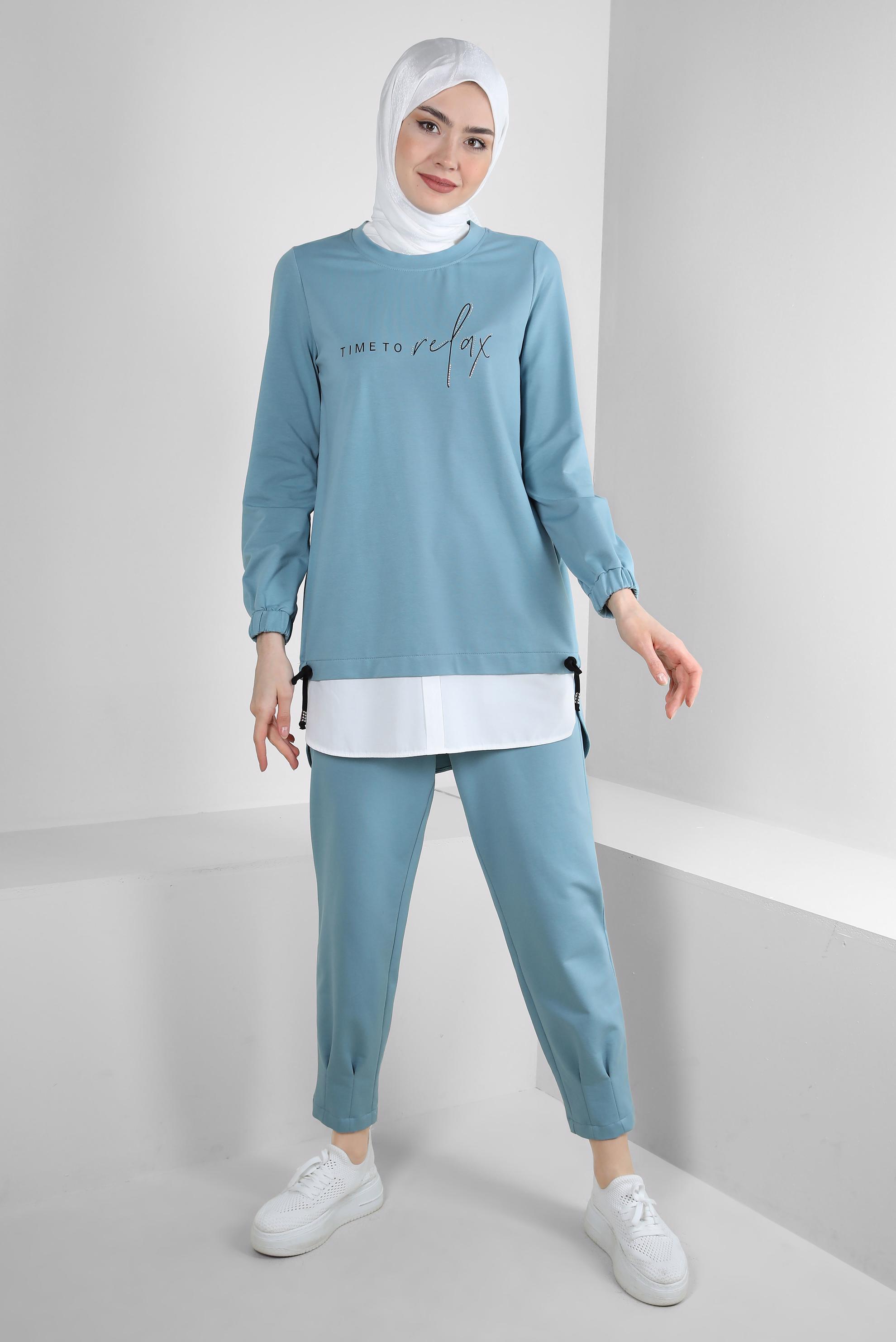 Tesettür giyim YEŞİL YAZI BASKILI GARNİLİ PANTOLONLU EŞOFMAN TAKIM 43351