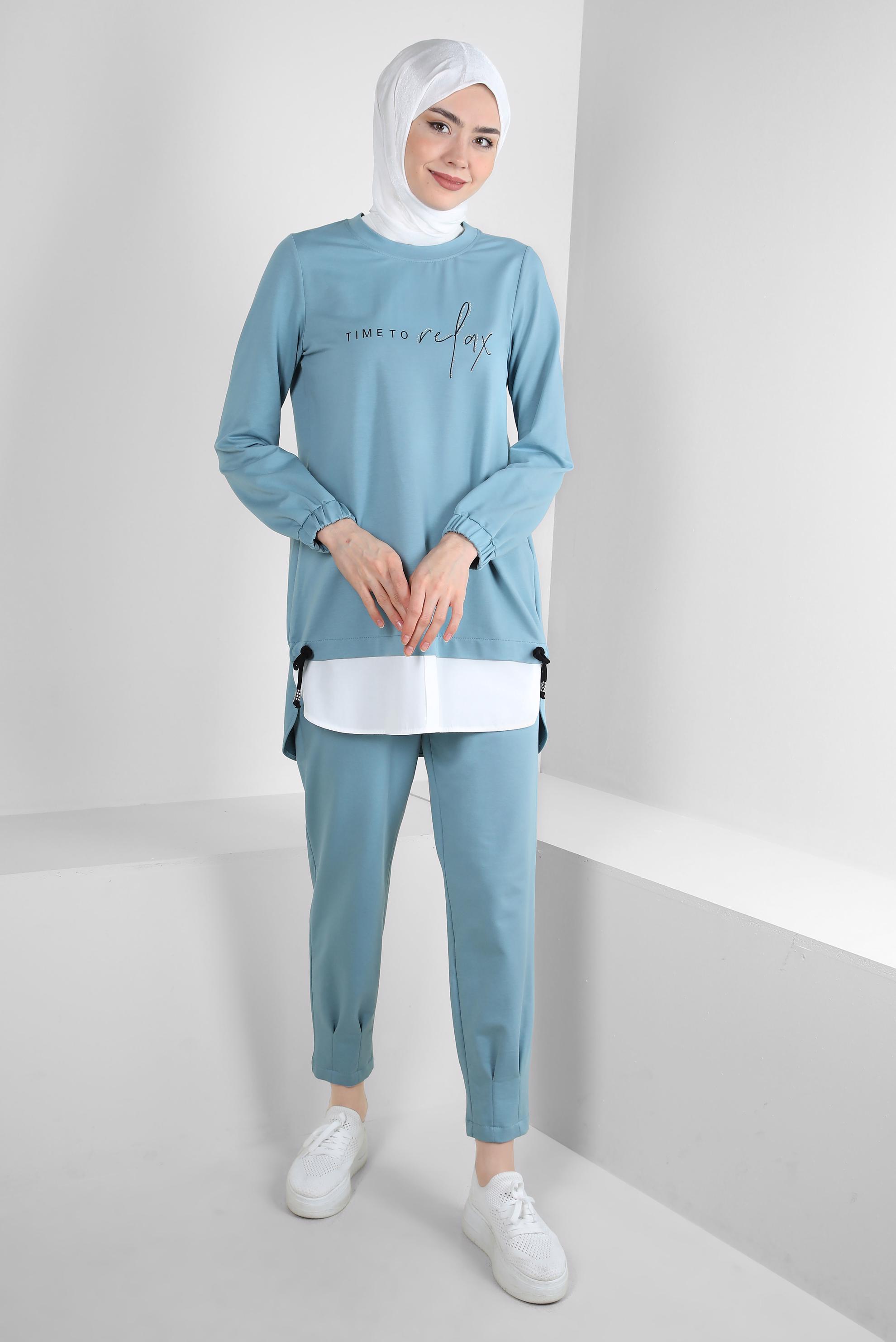 Tesettür giyim YEŞİL YAZI BASKILI GARNİLİ PANTOLONLU EŞOFMAN TAKIM 43351