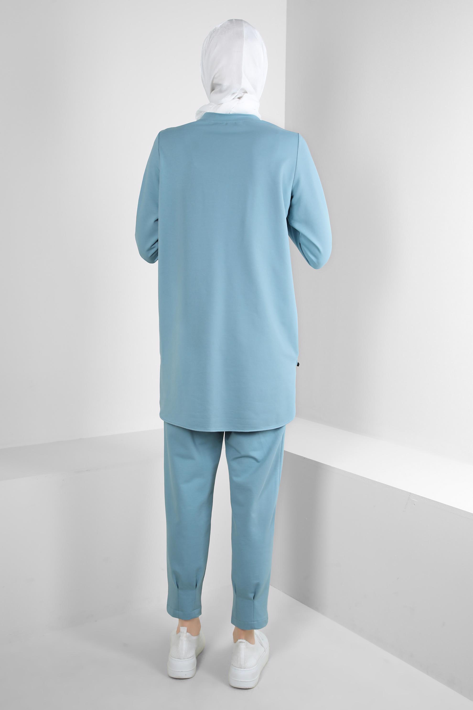 Tesettür giyim YEŞİL YAZI BASKILI GARNİLİ PANTOLONLU EŞOFMAN TAKIM 43351