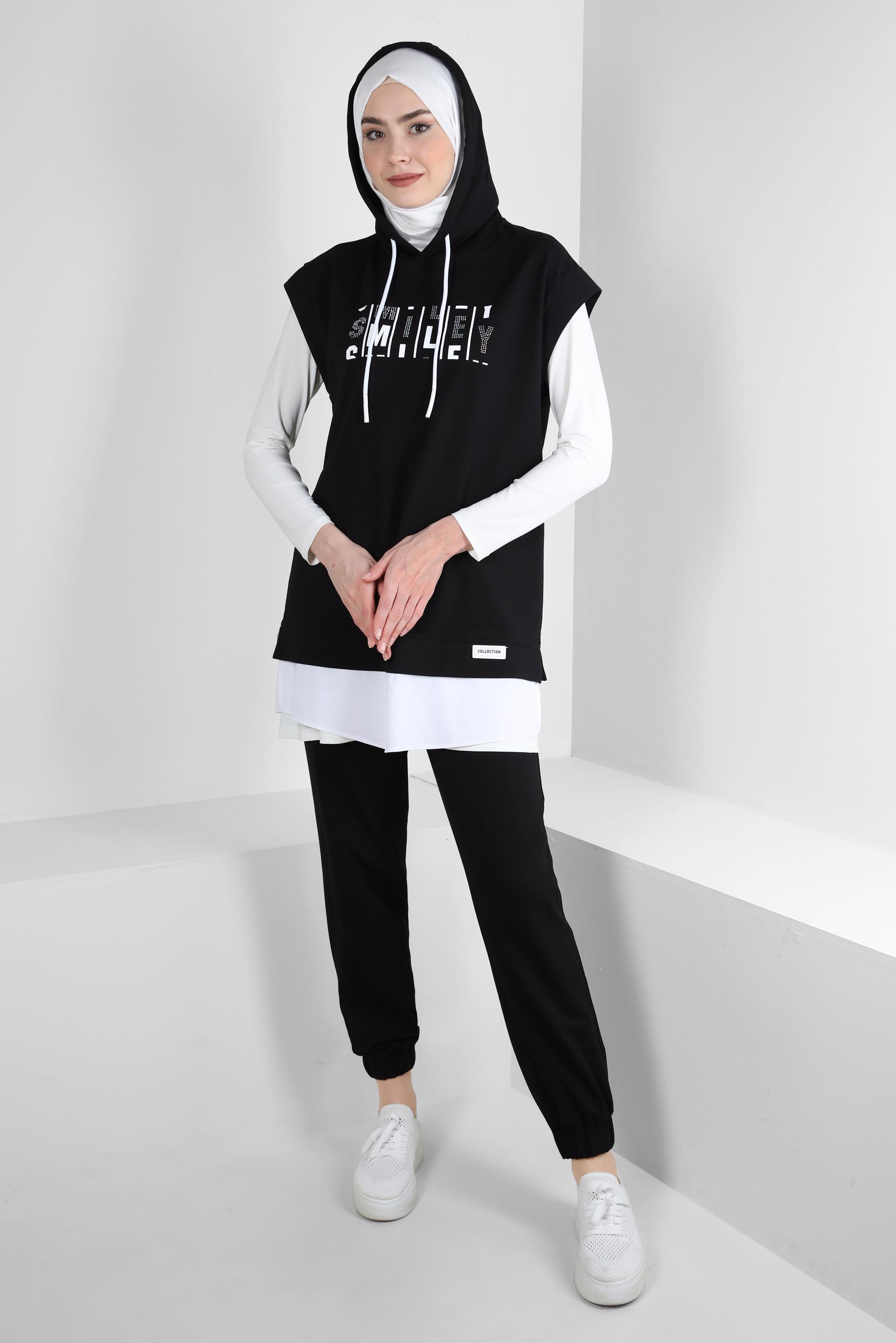 Tesettür giyim SİYAH KAPÜŞONLU YAZI BASKILI İKİLİ EŞOFMAN TAKIMI 43552