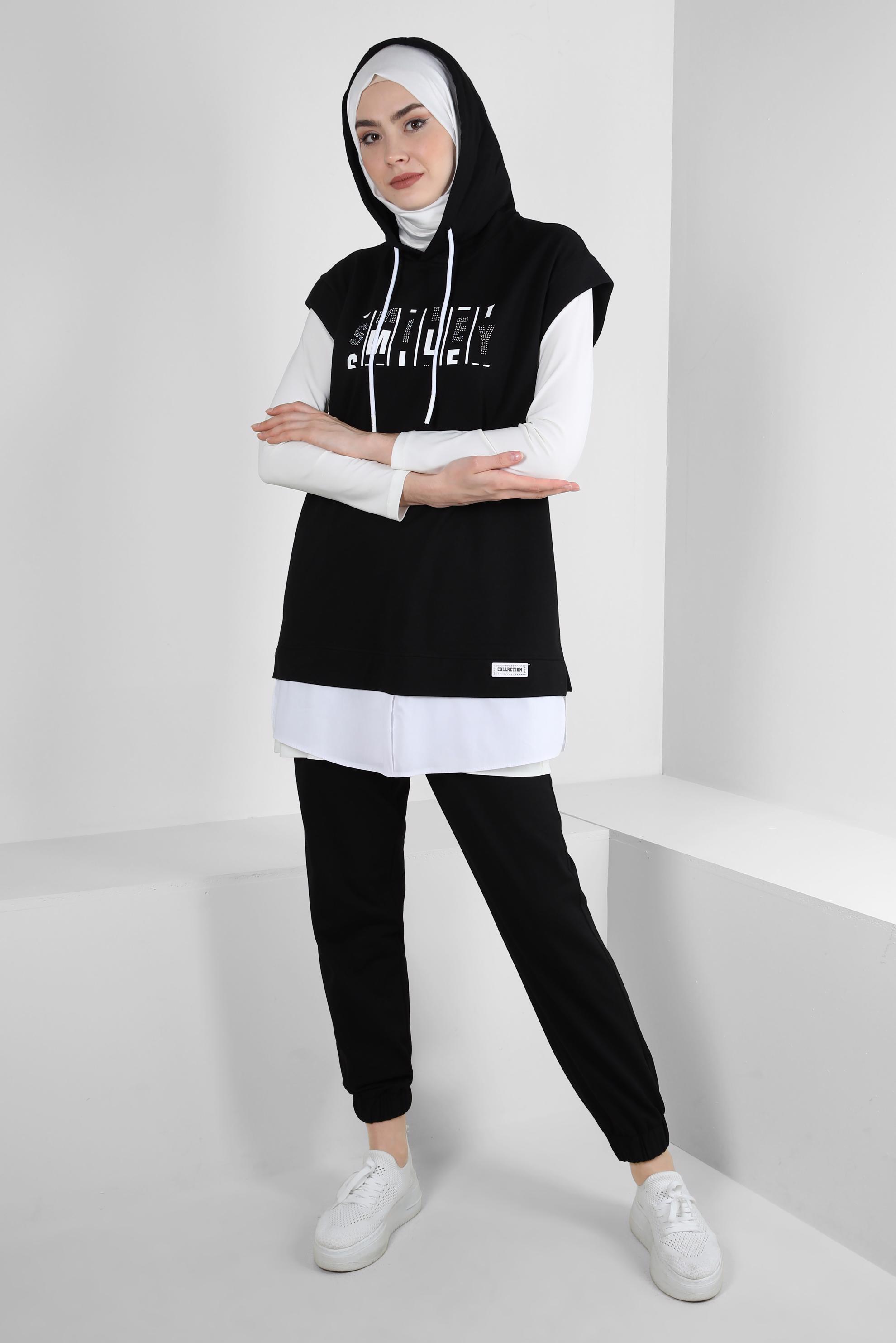 Tesettür giyim SİYAH KAPÜŞONLU YAZI BASKILI İKİLİ EŞOFMAN TAKIMI 43552