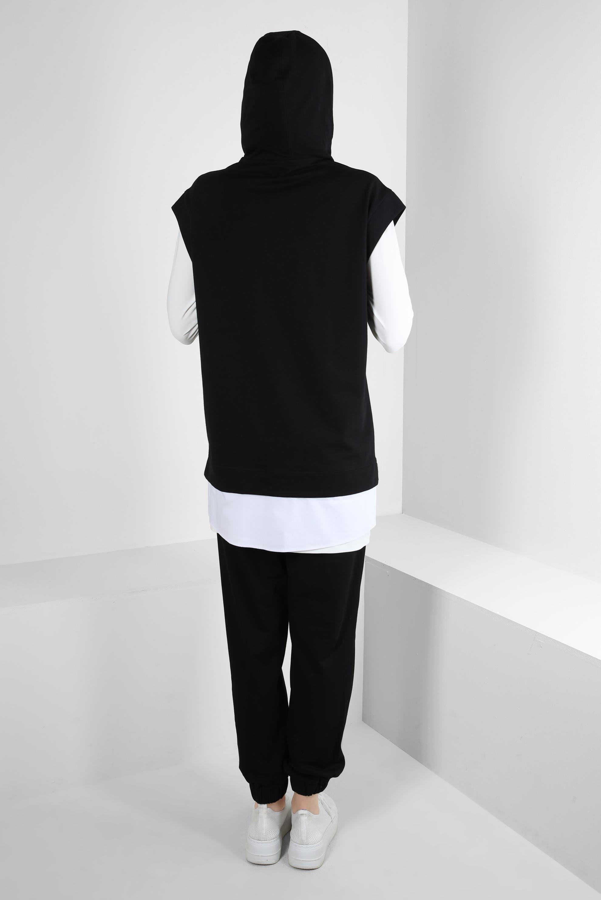 Tesettür giyim SİYAH KAPÜŞONLU YAZI BASKILI İKİLİ EŞOFMAN TAKIMI 43552