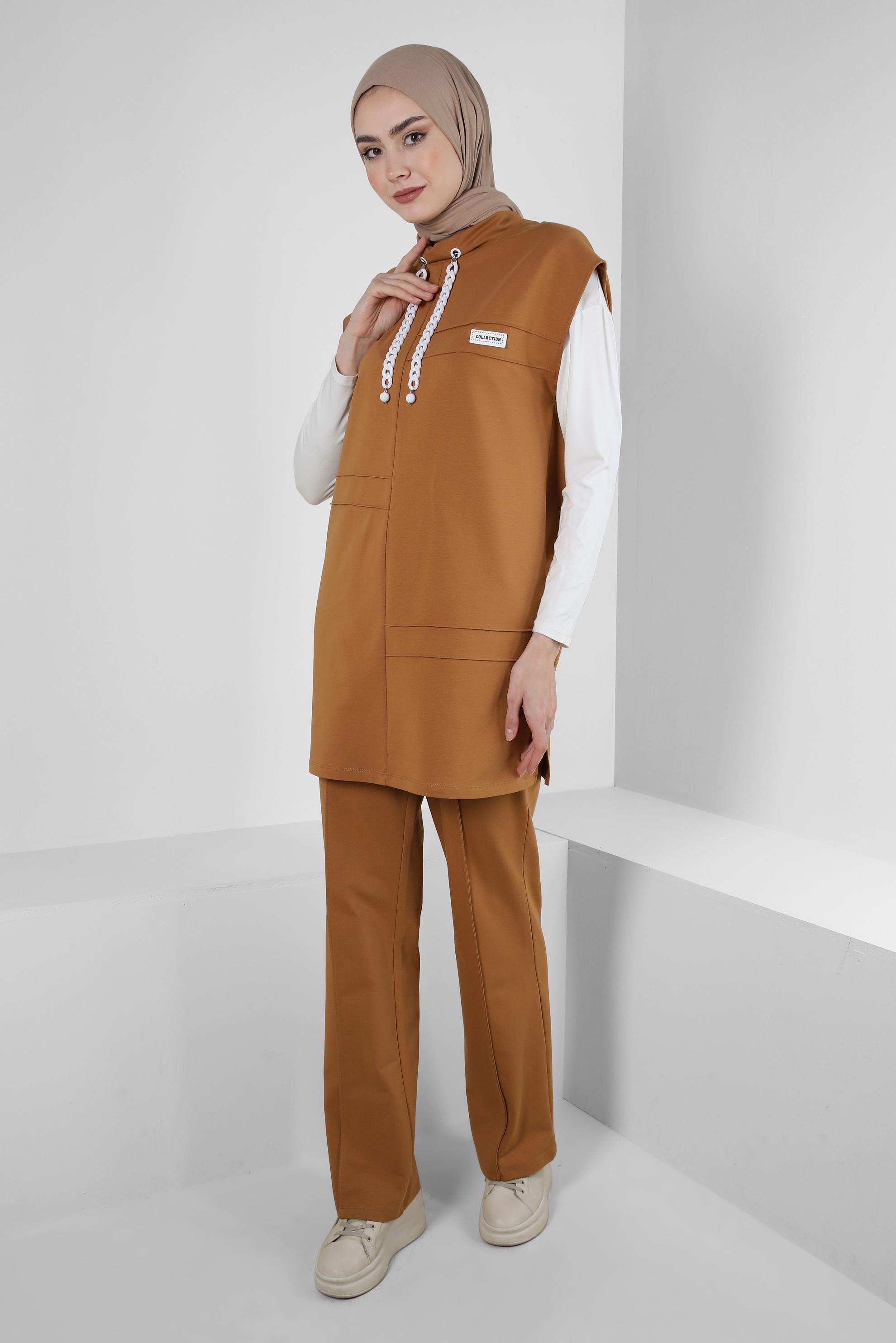 Tesettür giyim SARI ZİNCİR DETAYLI YANI YIRTMAÇLI İKİLİ EŞOFMAN TAKIM 43553