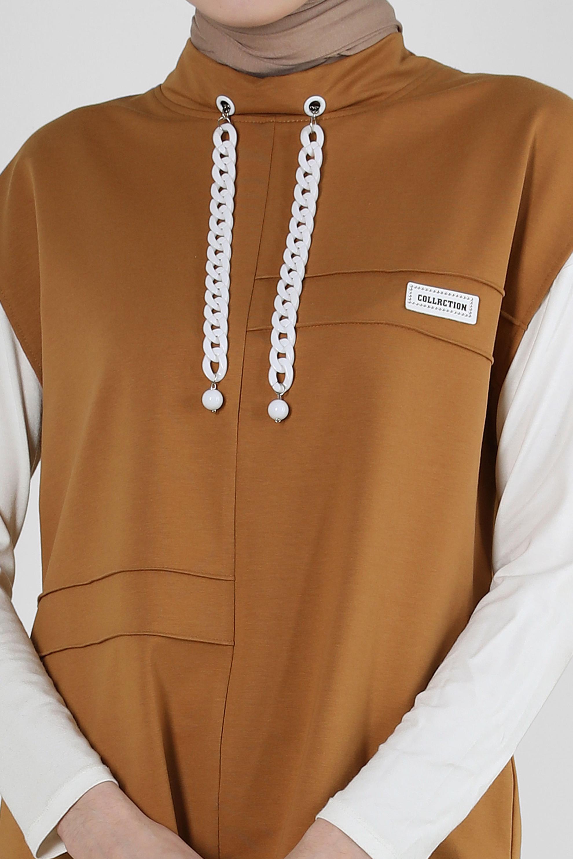 Tesettür giyim SARI ZİNCİR DETAYLI YANI YIRTMAÇLI İKİLİ EŞOFMAN TAKIM 43553