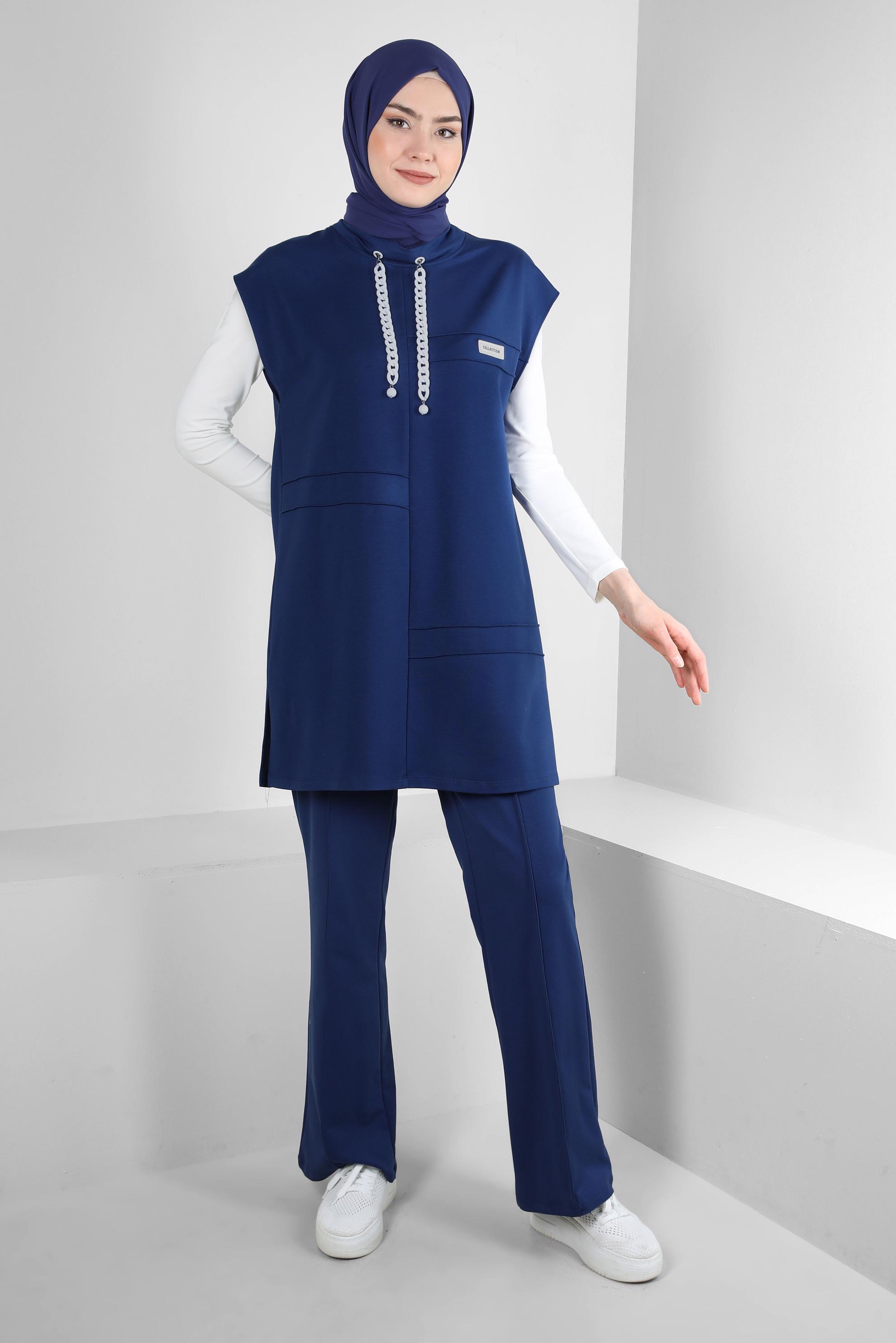 Tesettür giyim LACİVERT ZİNCİR DETAYLI YANI YIRTMAÇLI İKİLİ EŞOFMAN TAKIM 43553
