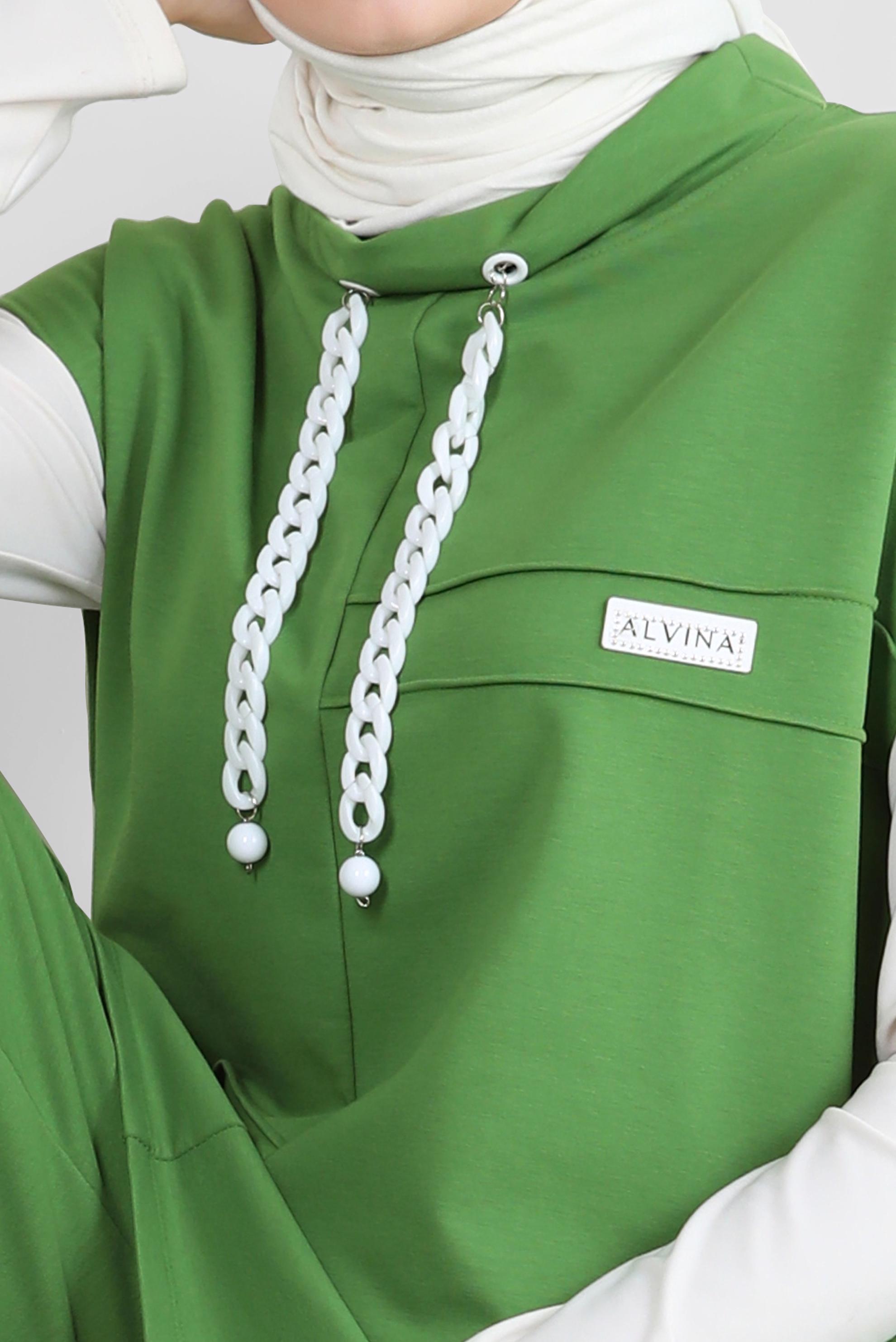 Tesettür giyim YEŞİL ZİNCİR DETAYLI YANI YIRTMAÇLI İKİLİ EŞOFMAN TAKIM 43553