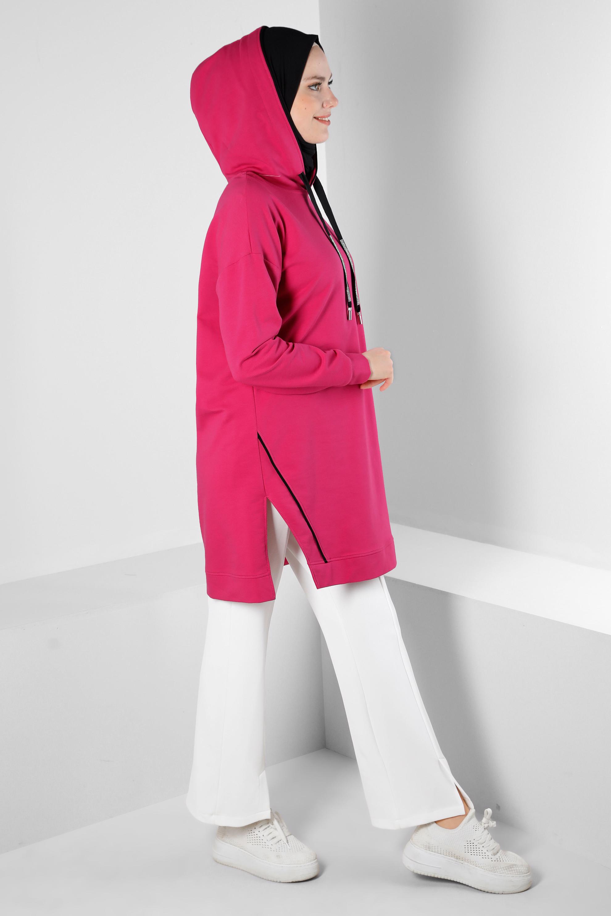 Tesettür giyim FUŞYA KAPÜŞONLU TAŞ BASKI DETAYLI EŞOFMAN TUNİK 43554