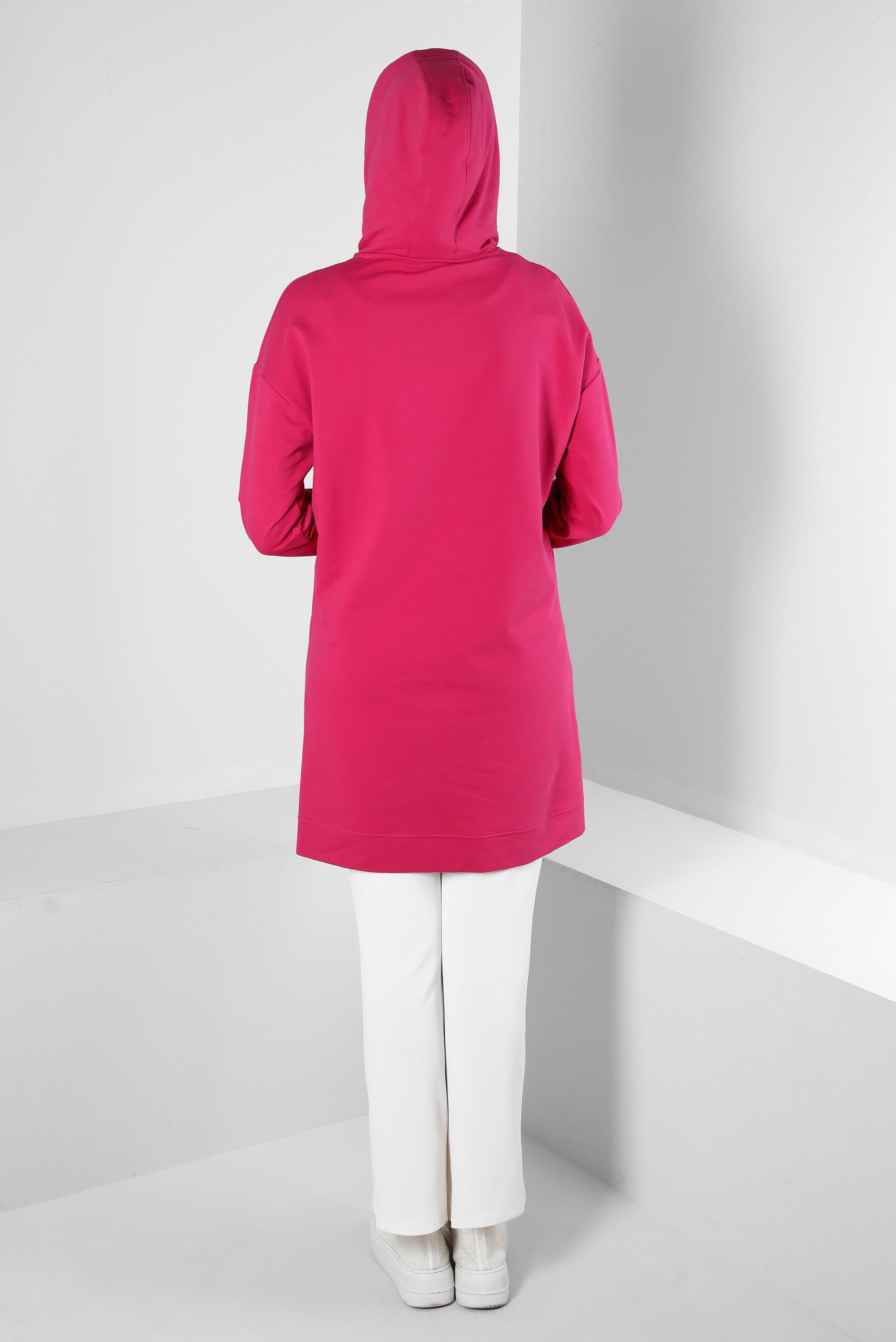 Tesettür giyim FUŞYA KAPÜŞONLU TAŞ BASKI DETAYLI EŞOFMAN TUNİK 43554