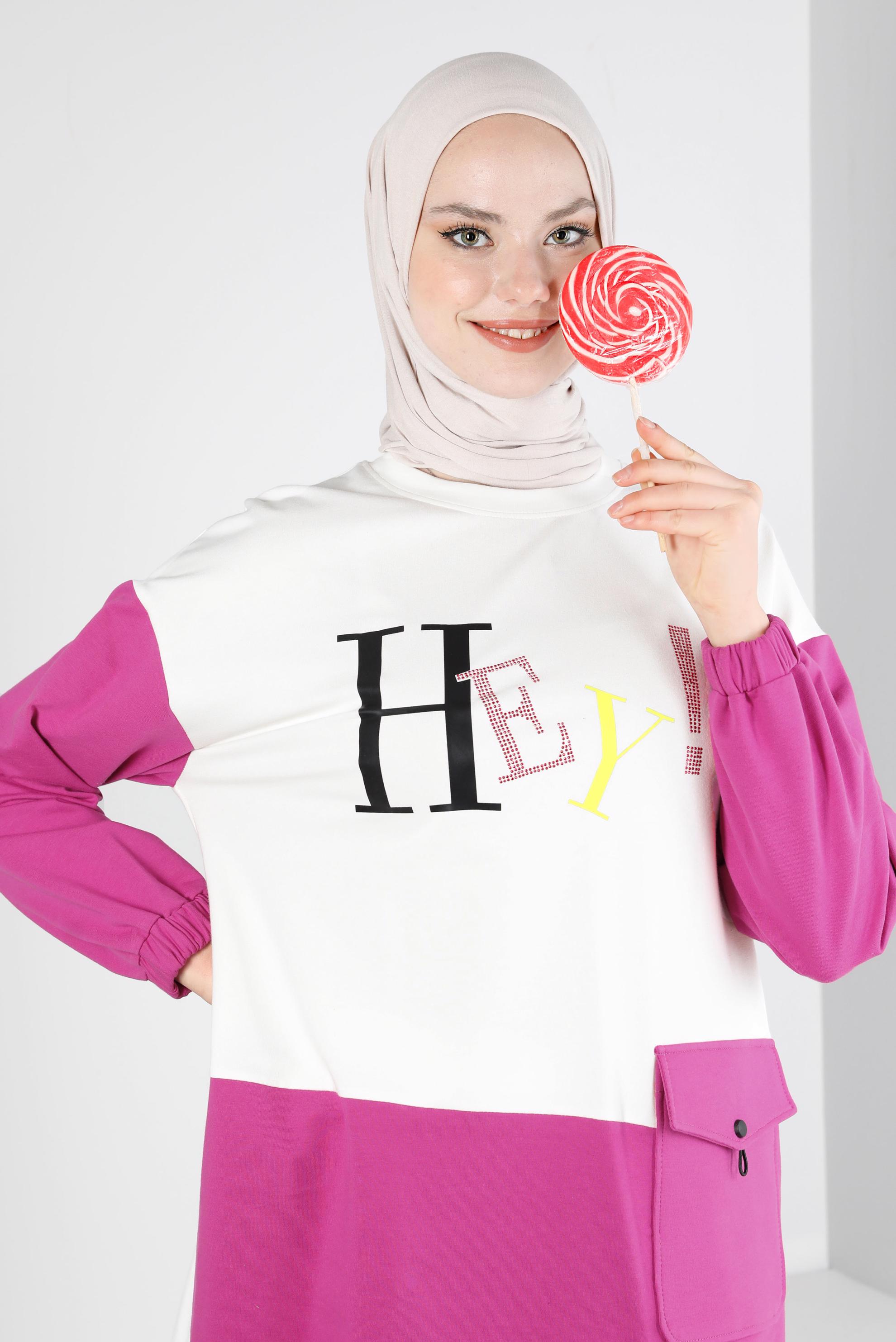 Tesettür giyim FUŞYA YAZI BASKILI CEPLİ EŞOFMAN TUNİK 43555