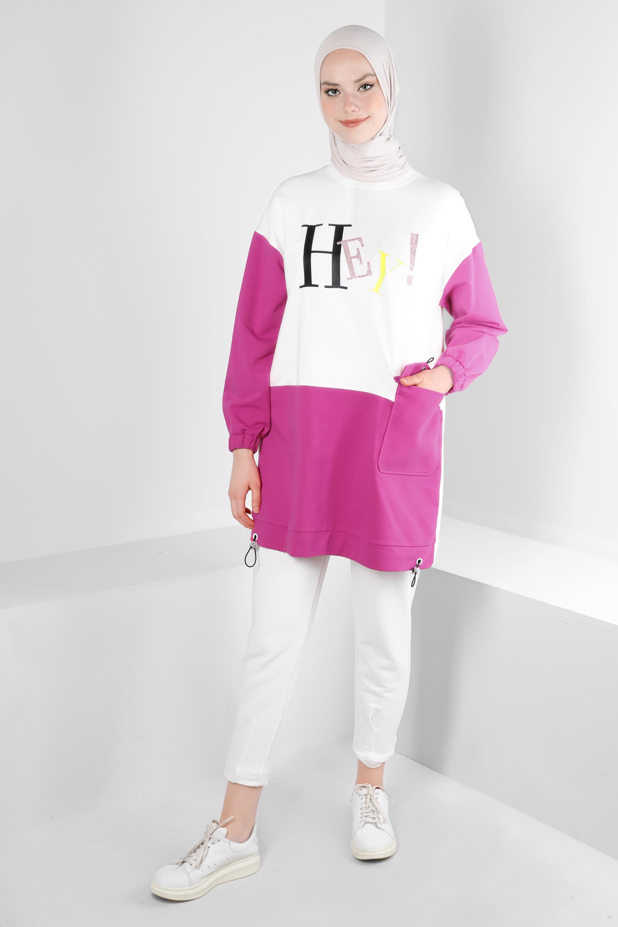 Tesettür giyim FUŞYA YAZI BASKILI CEPLİ EŞOFMAN TUNİK 43555