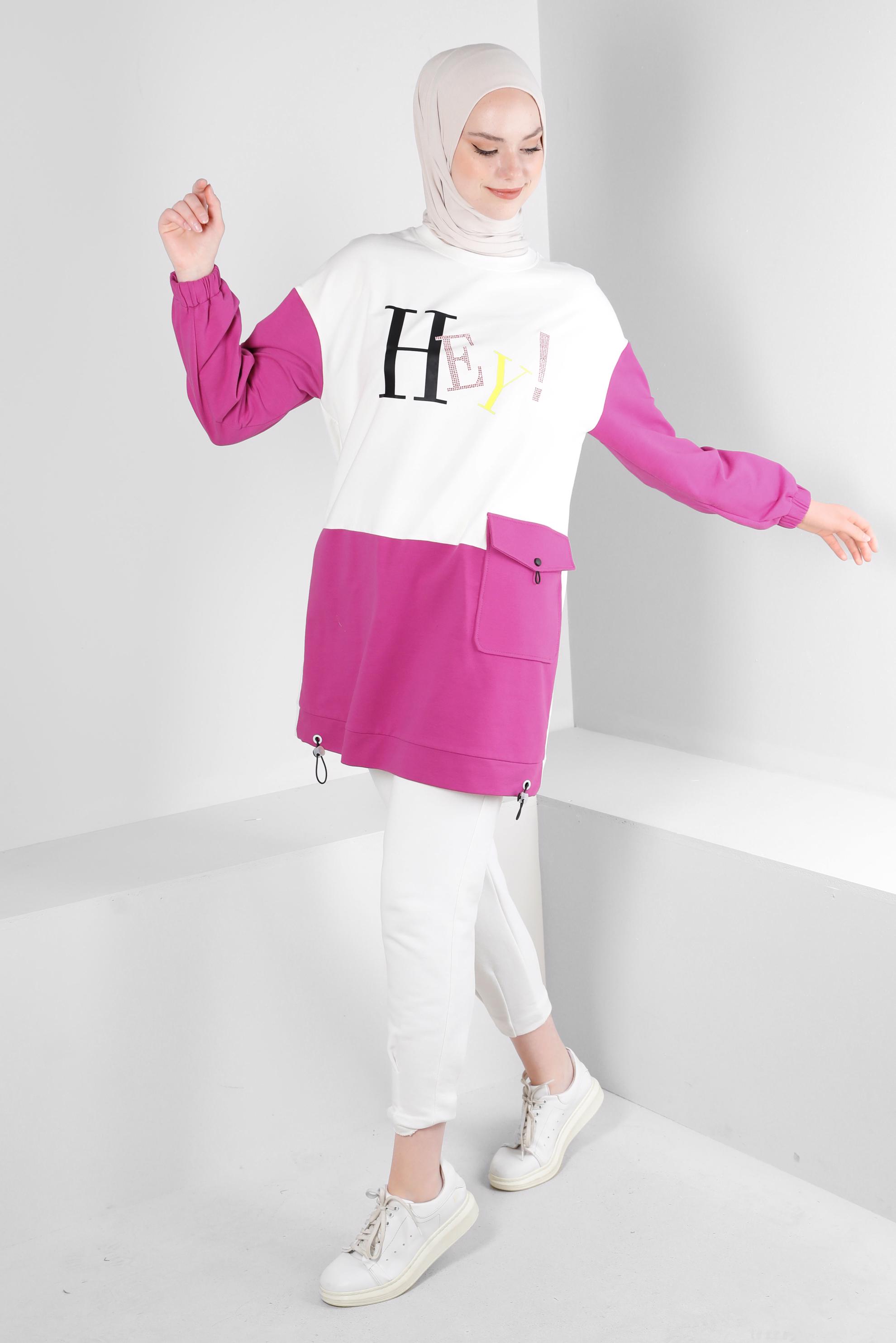 Tesettür giyim FUŞYA YAZI BASKILI CEPLİ EŞOFMAN TUNİK 43555