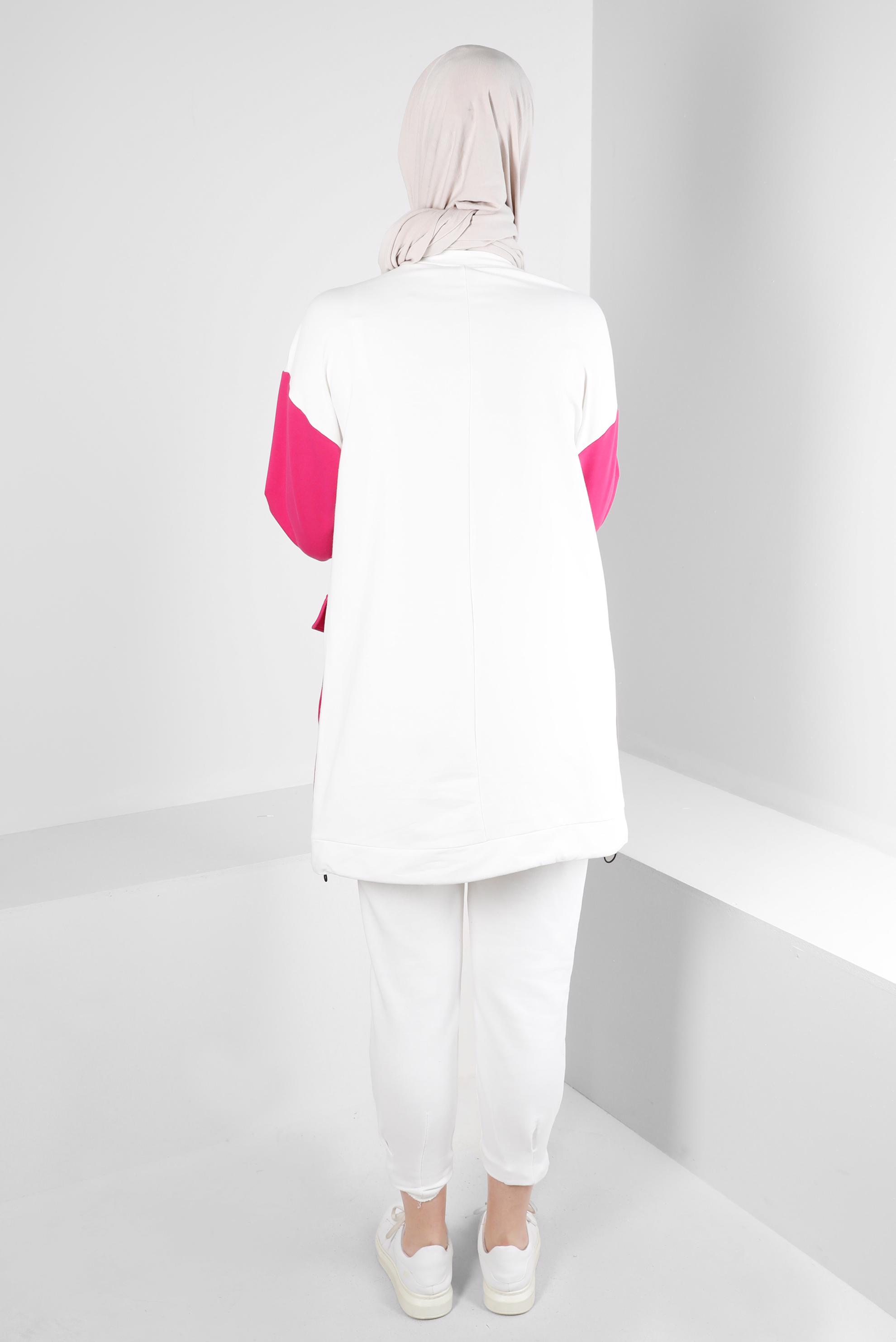 Tesettür giyim FUŞYA YAZI BASKILI CEPLİ EŞOFMAN TUNİK 43555