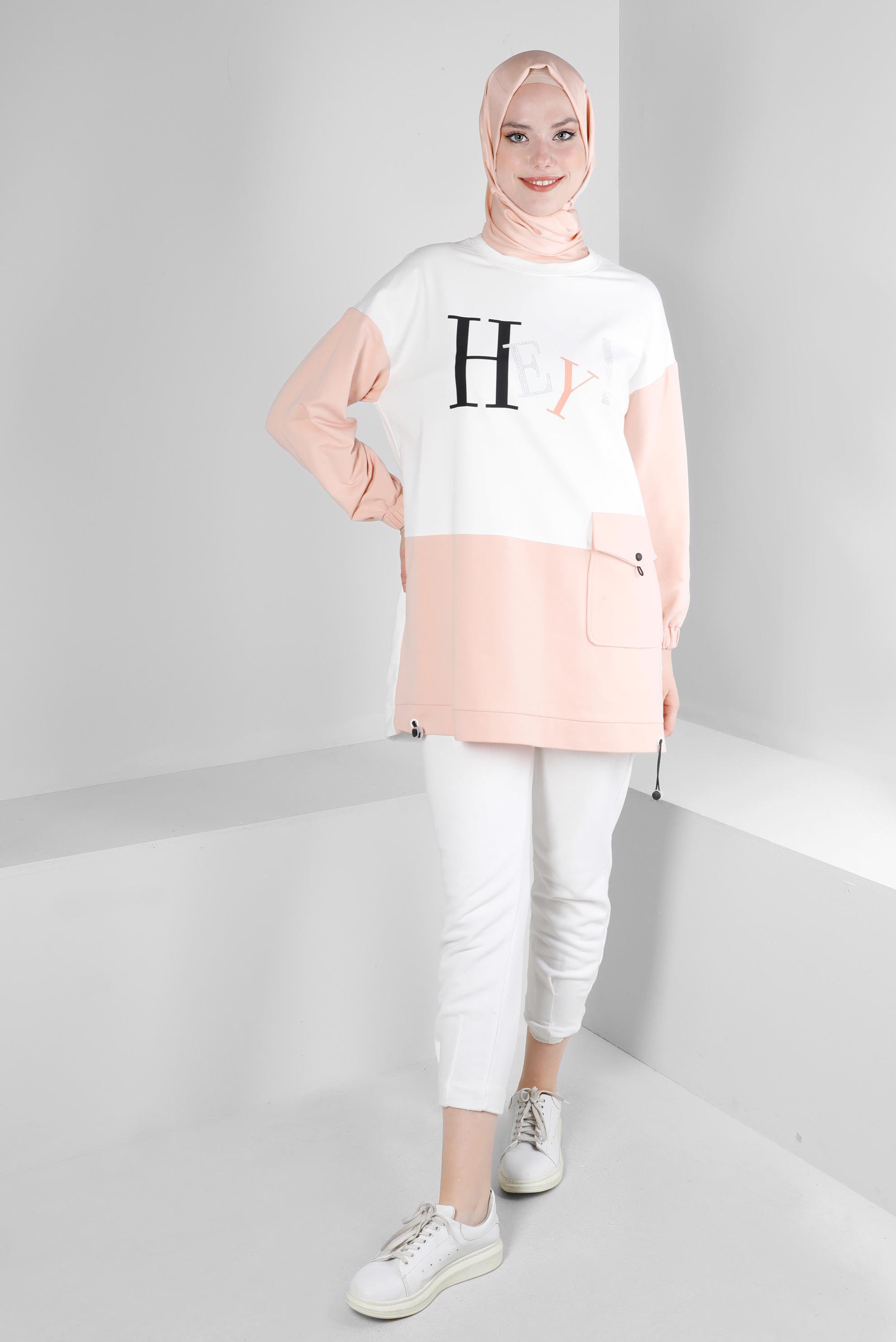 Tesettür giyim PUDRA YAZI BASKILI CEPLİ EŞOFMAN TUNİK 43555