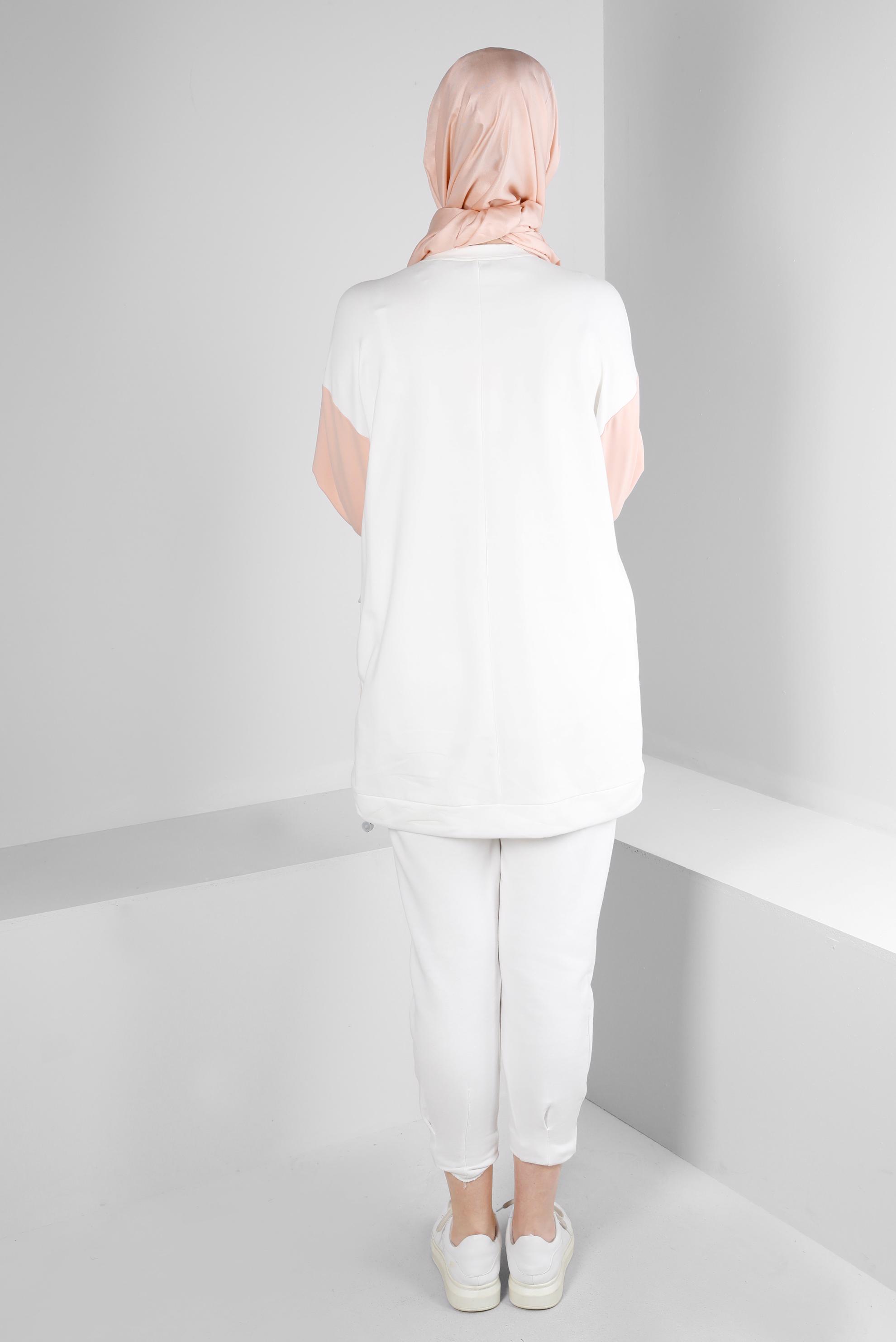 Tesettür giyim PUDRA YAZI BASKILI CEPLİ EŞOFMAN TUNİK 43555