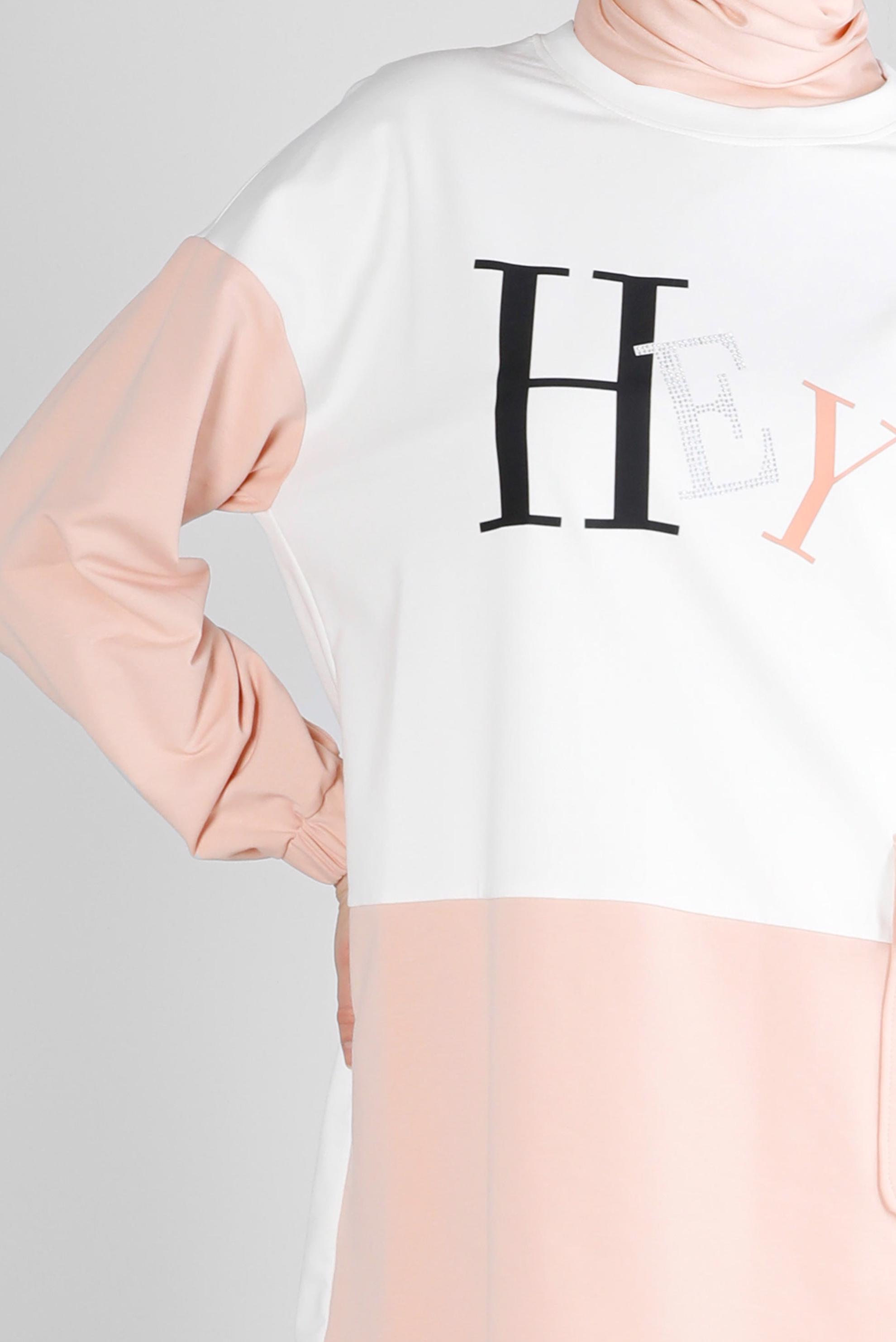 Tesettür giyim PUDRA YAZI BASKILI CEPLİ EŞOFMAN TUNİK 43555