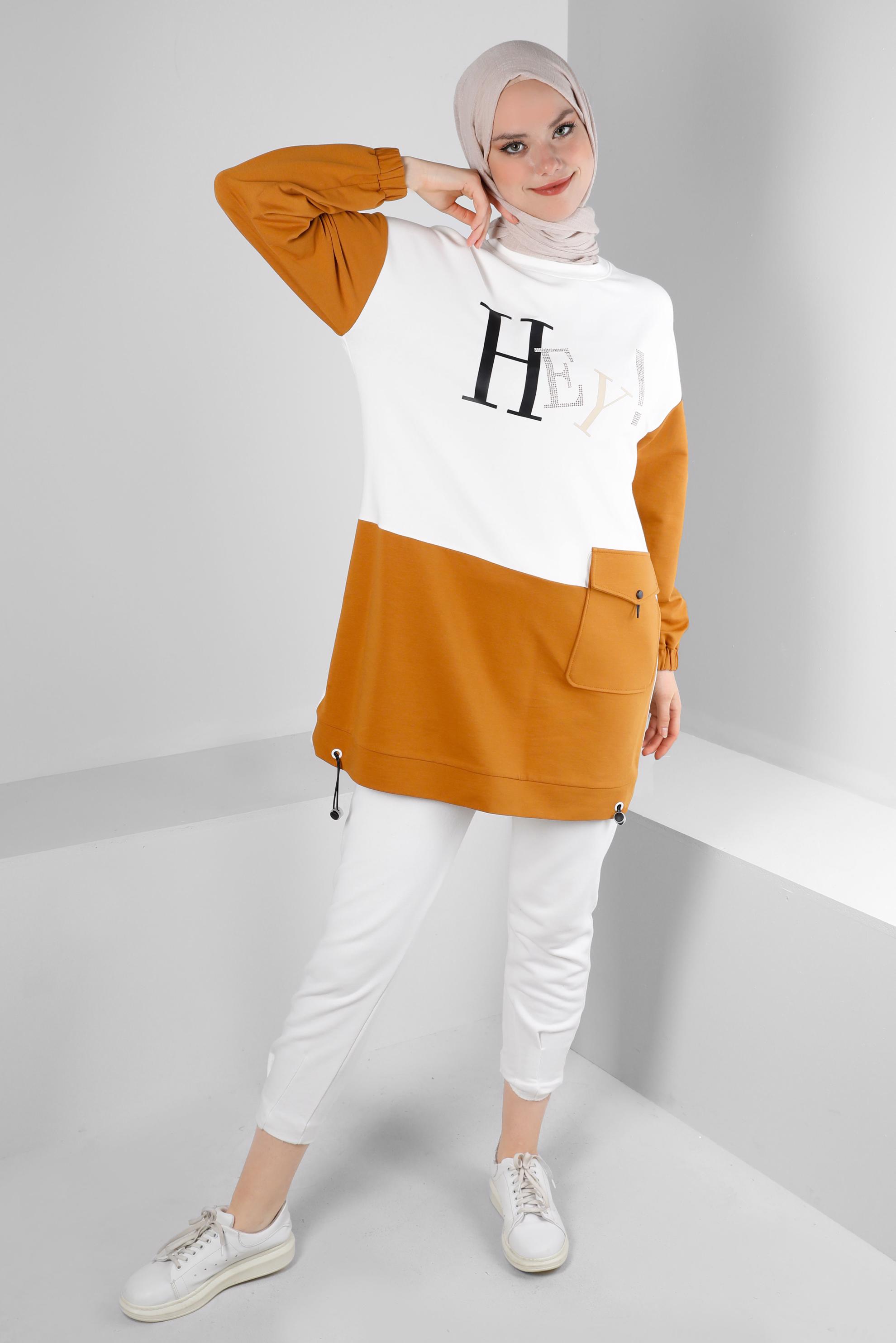 Tesettür giyim SARI YAZI BASKILI CEPLİ EŞOFMAN TUNİK 43555