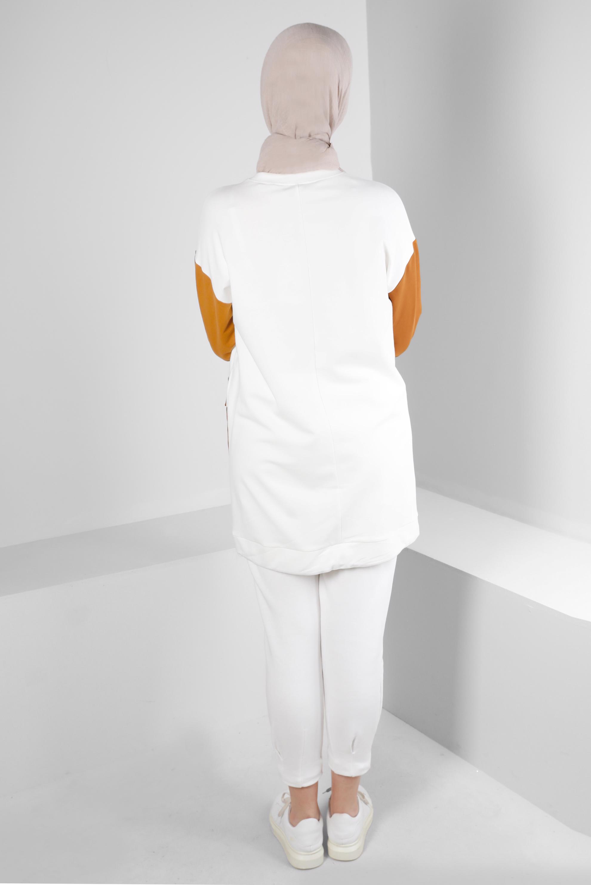 Tesettür giyim SARI YAZI BASKILI CEPLİ EŞOFMAN TUNİK 43555