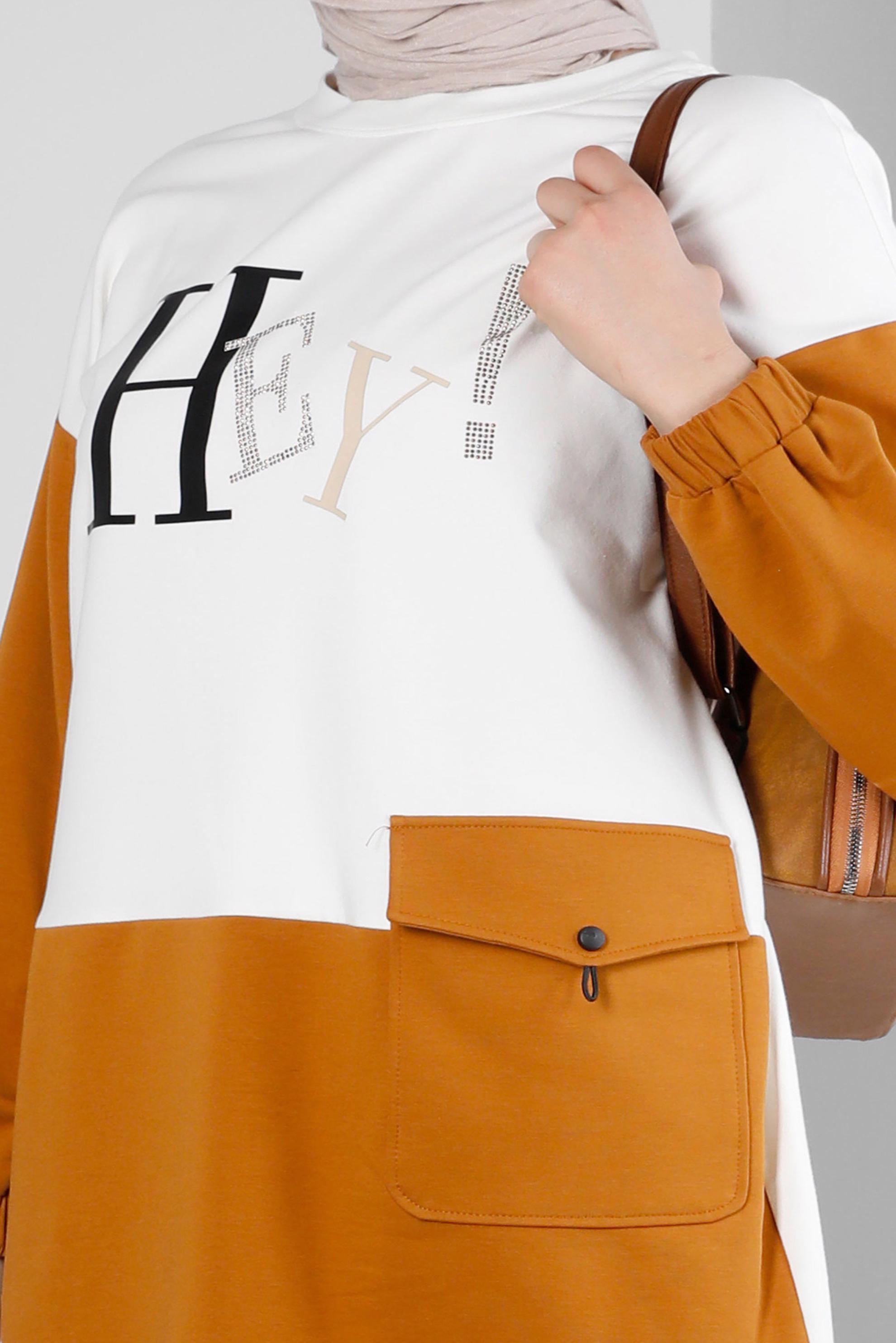 Tesettür giyim SARI YAZI BASKILI CEPLİ EŞOFMAN TUNİK 43555