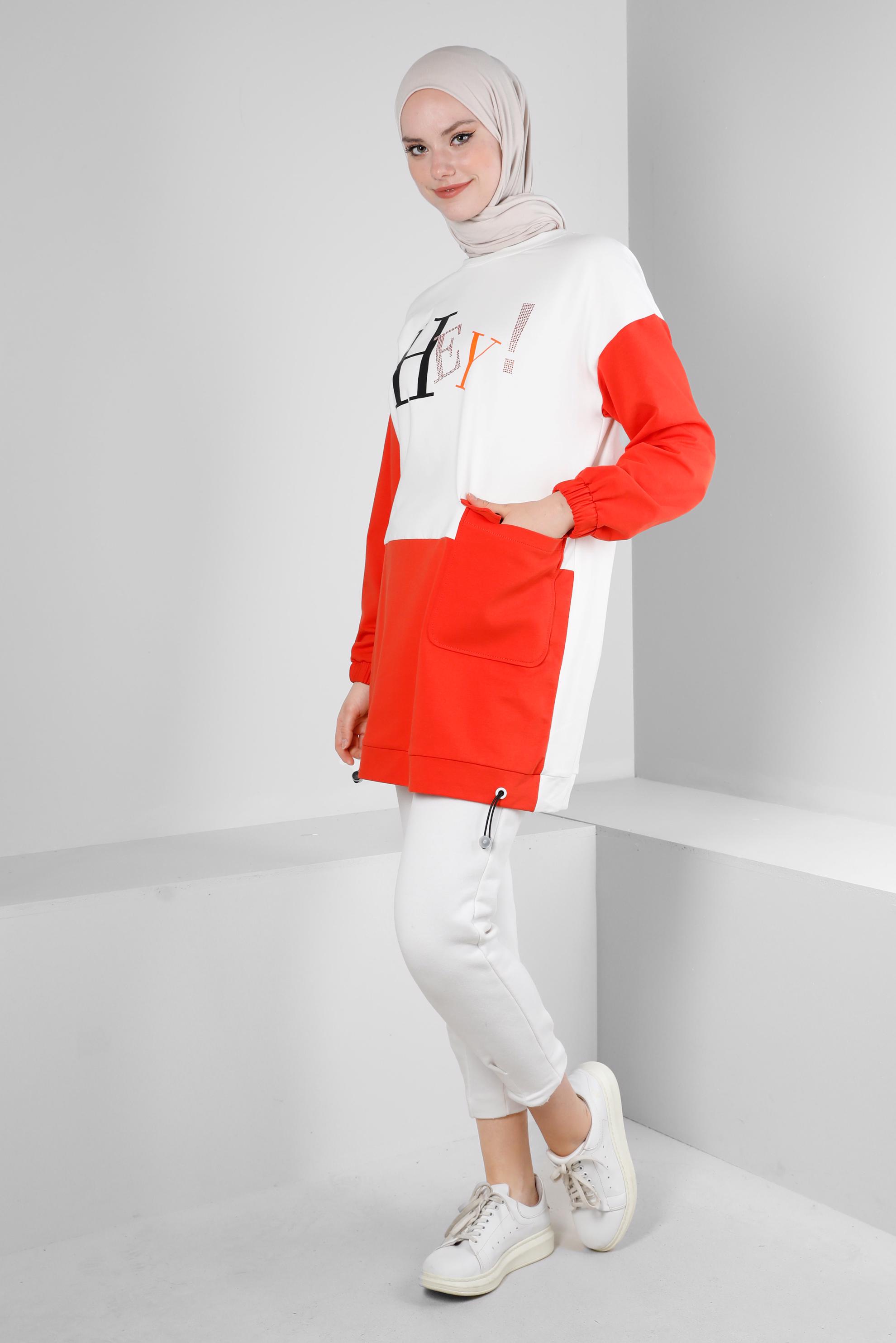 Tesettür giyim KIRMIZI YAZI BASKILI CEPLİ EŞOFMAN TUNİK 43555