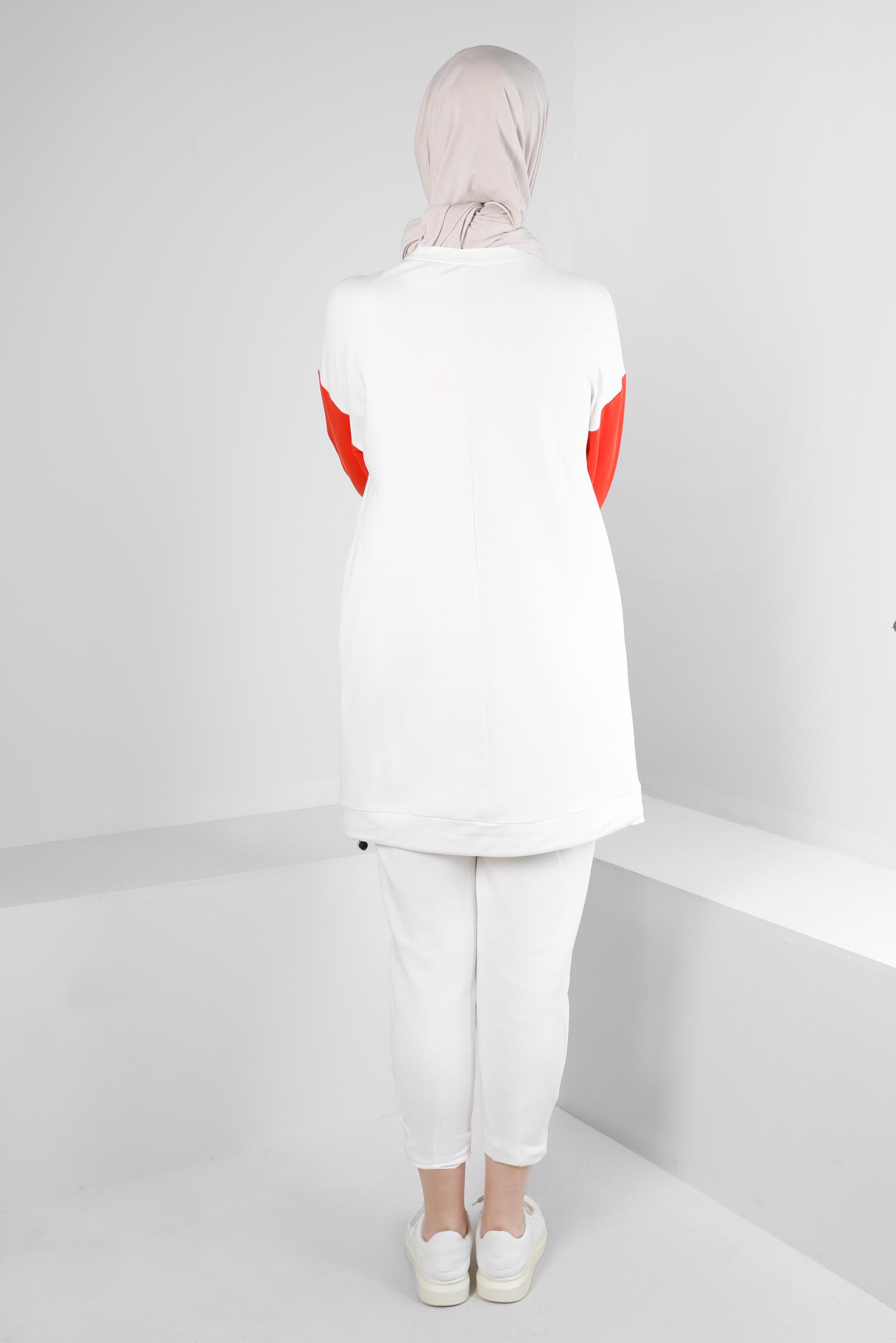 Tesettür giyim KIRMIZI YAZI BASKILI CEPLİ EŞOFMAN TUNİK 43555