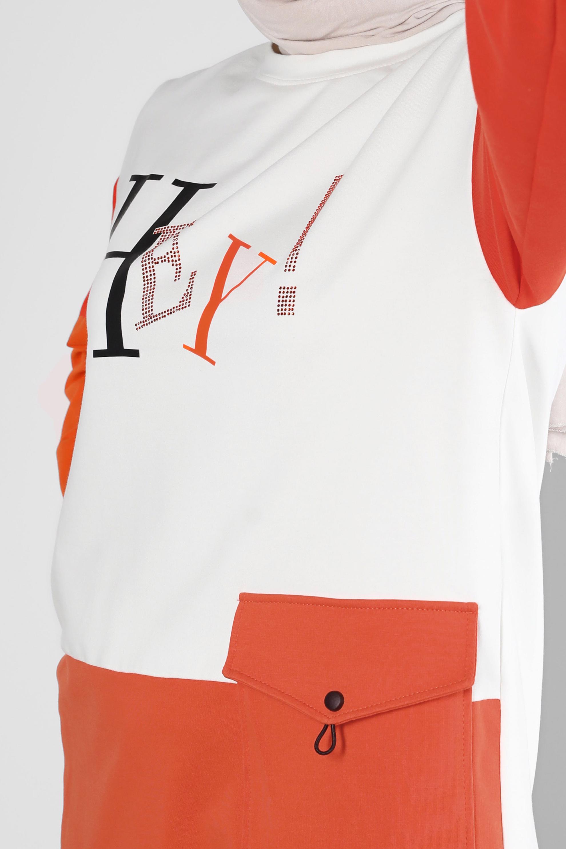 Tesettür giyim KIRMIZI YAZI BASKILI CEPLİ EŞOFMAN TUNİK 43555