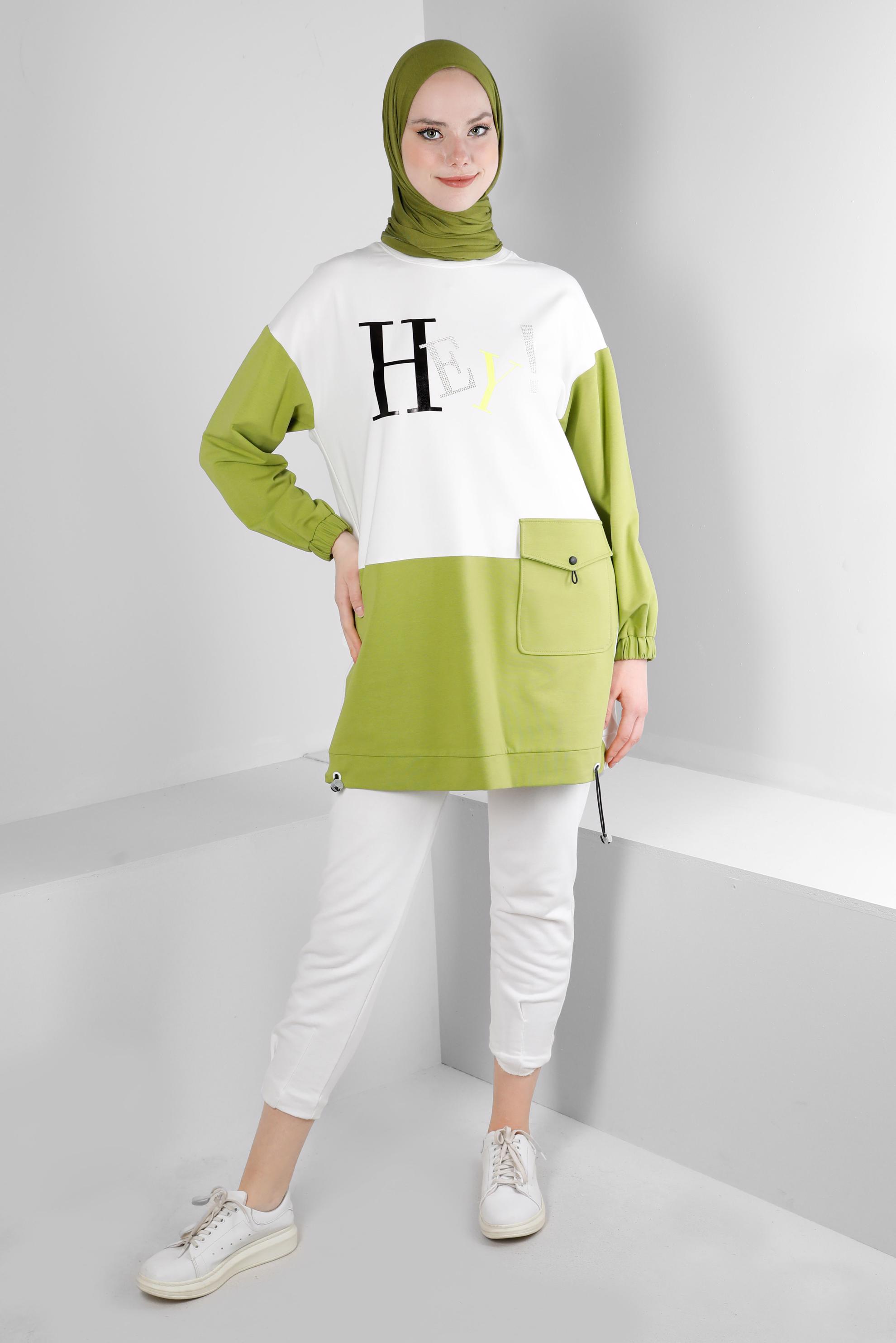 Tesettür giyim YEŞİL YAZI BASKILI CEPLİ EŞOFMAN TUNİK 43555
