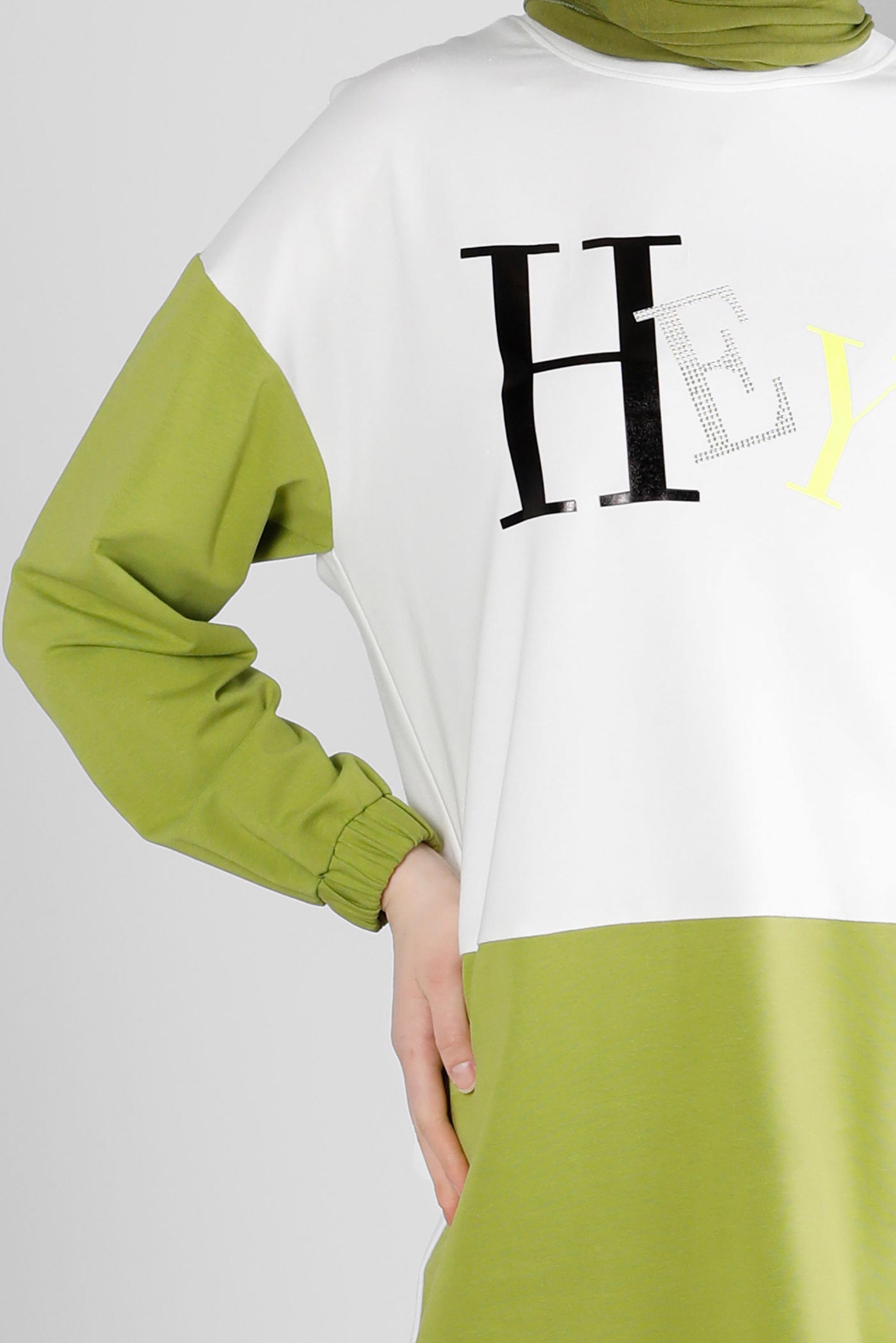 Tesettür giyim YEŞİL YAZI BASKILI CEPLİ EŞOFMAN TUNİK 43555