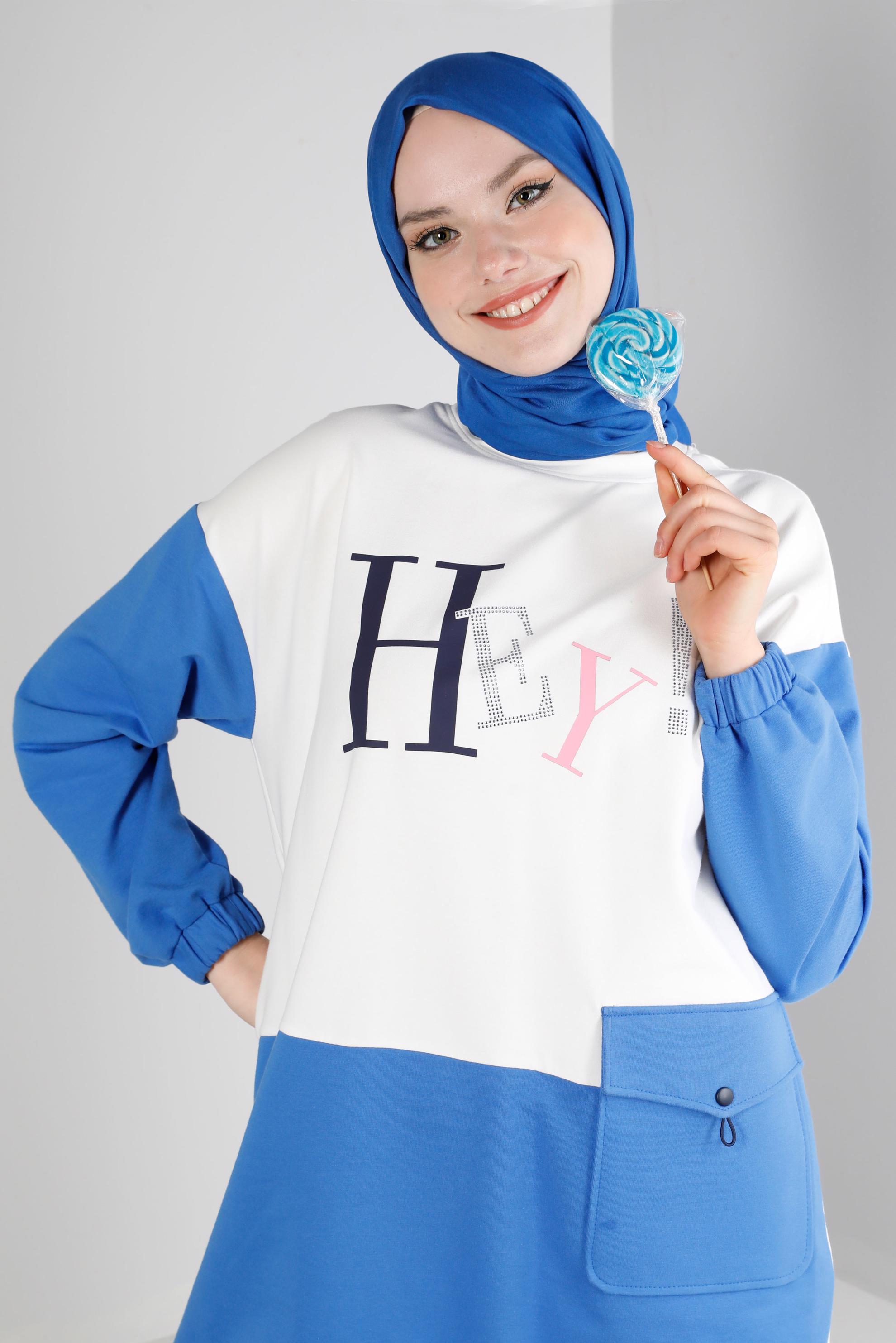 Tesettür giyim MAVİ YAZI BASKILI CEPLİ EŞOFMAN TUNİK 43555