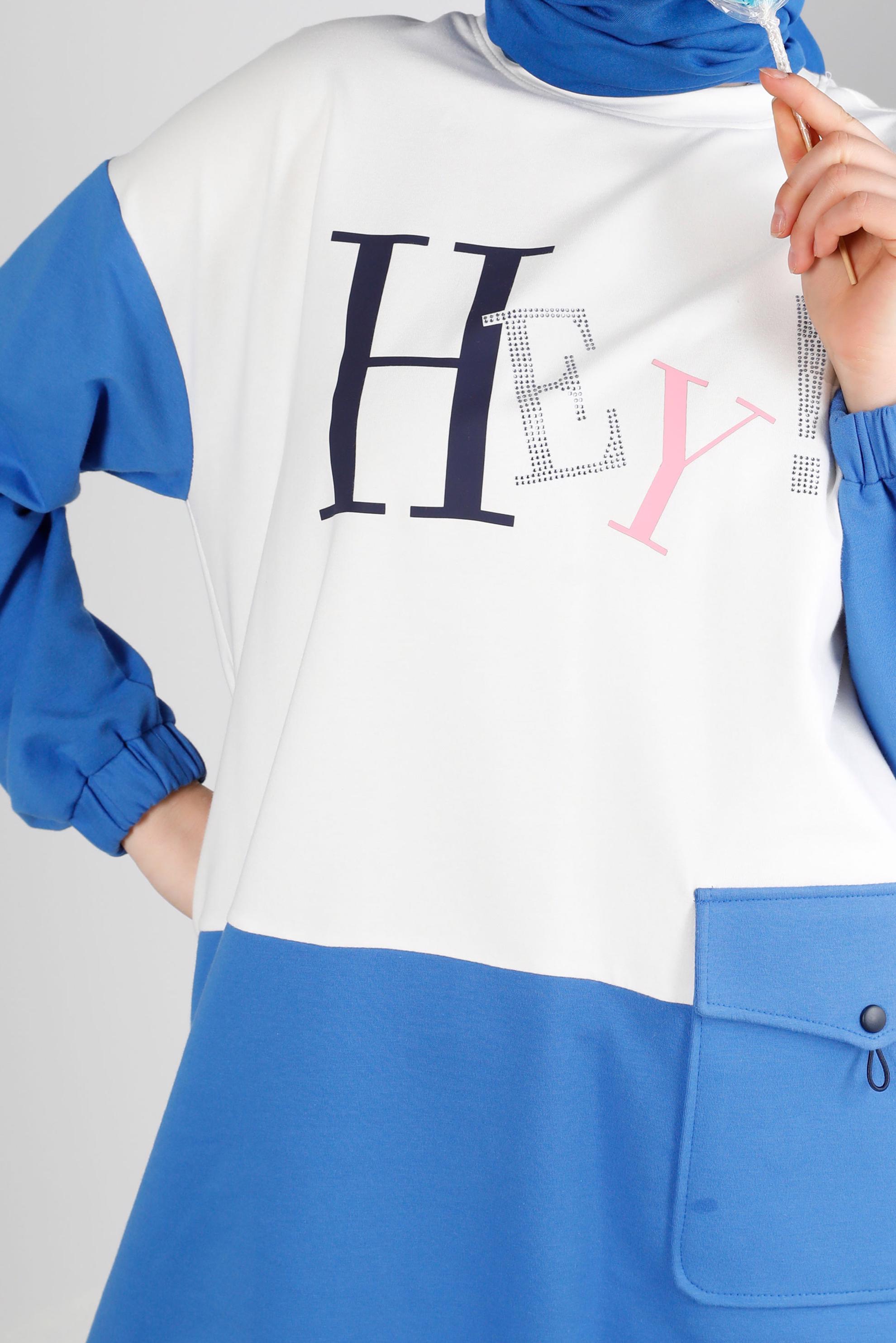 Tesettür giyim MAVİ YAZI BASKILI CEPLİ EŞOFMAN TUNİK 43555