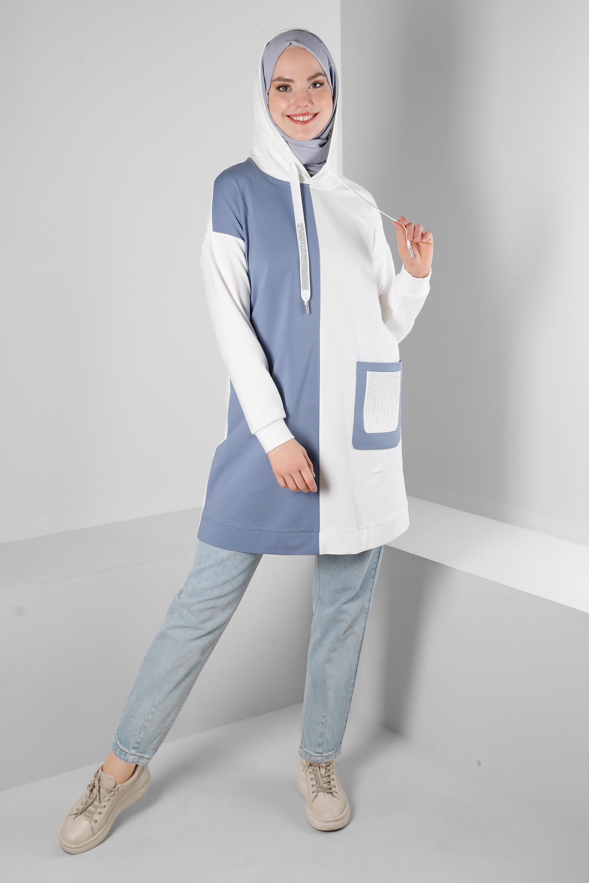 Tesettür giyim MAVİ RENK BLOKLU TAŞ İŞLEMELİ EŞOFMAN TUNİK 43558