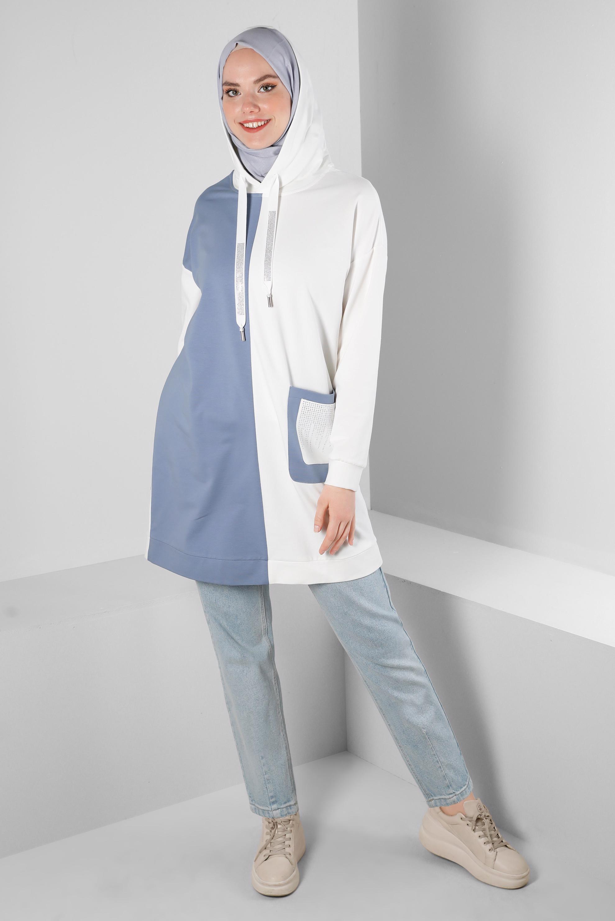 Tesettür giyim MAVİ RENK BLOKLU TAŞ İŞLEMELİ EŞOFMAN TUNİK 43558