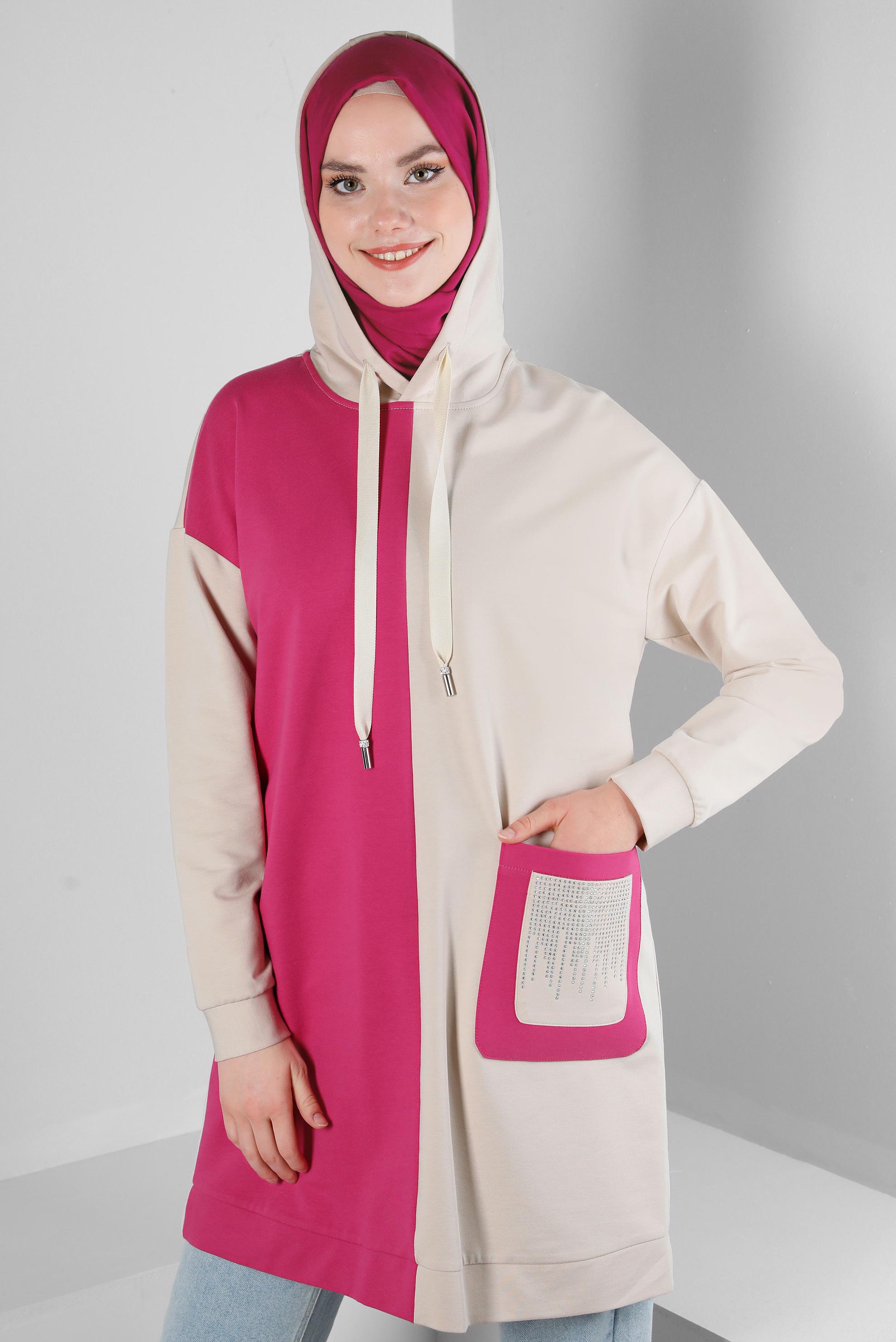 Tesettür giyim FUŞYA RENK BLOKLU TAŞ İŞLEMELİ EŞOFMAN TUNİK 43558