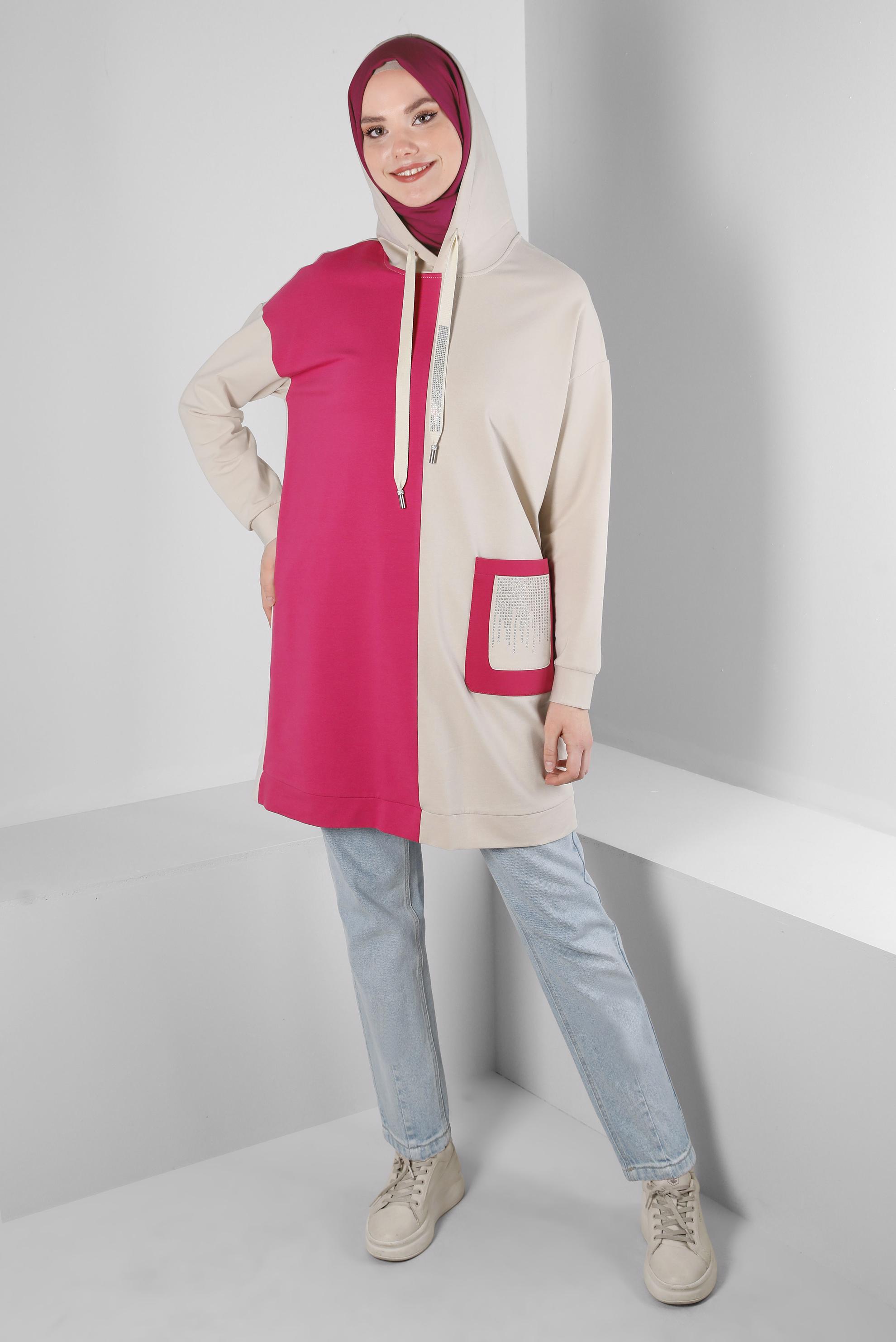 Tesettür giyim FUŞYA RENK BLOKLU TAŞ İŞLEMELİ EŞOFMAN TUNİK 43558