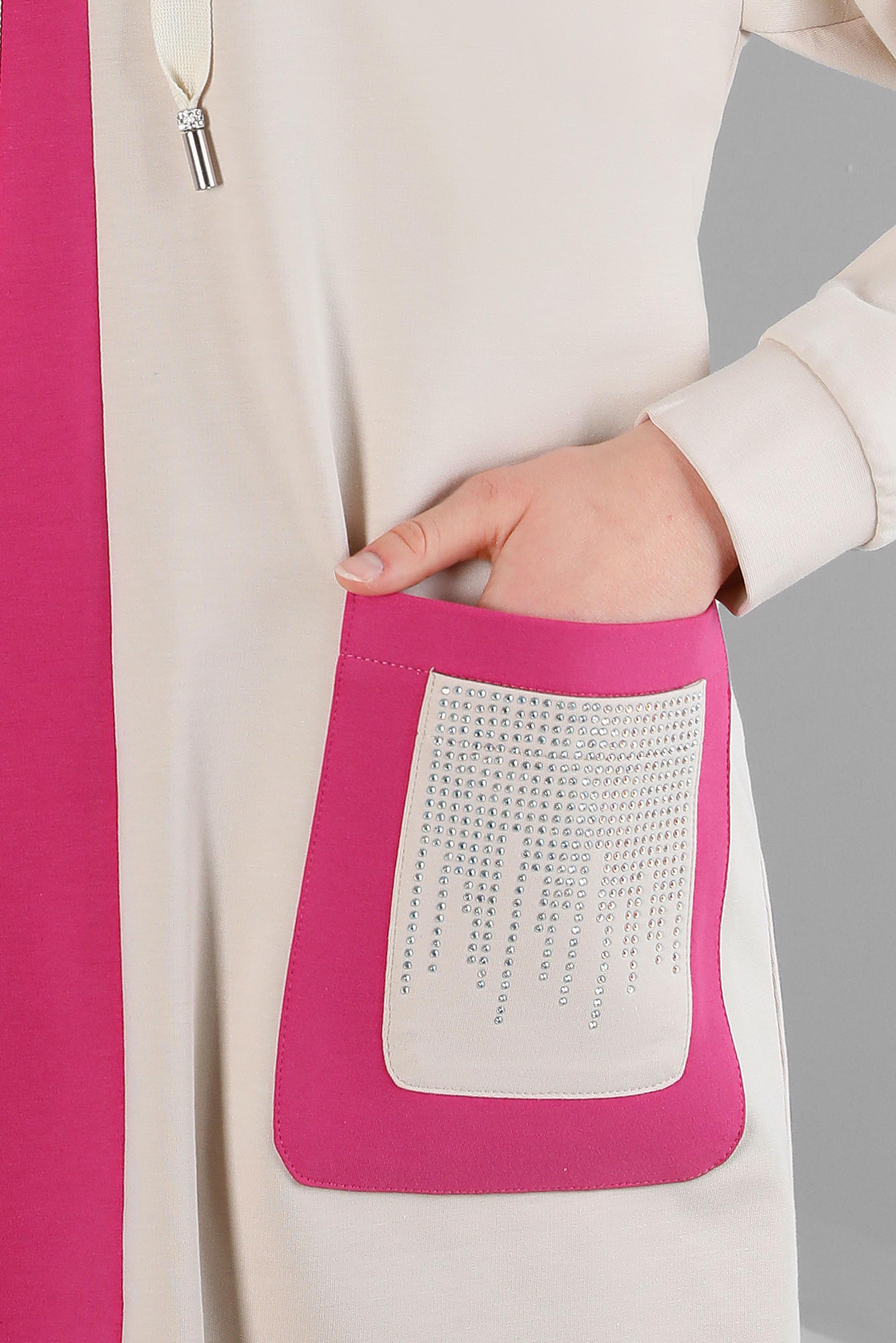 Tesettür giyim FUŞYA RENK BLOKLU TAŞ İŞLEMELİ EŞOFMAN TUNİK 43558