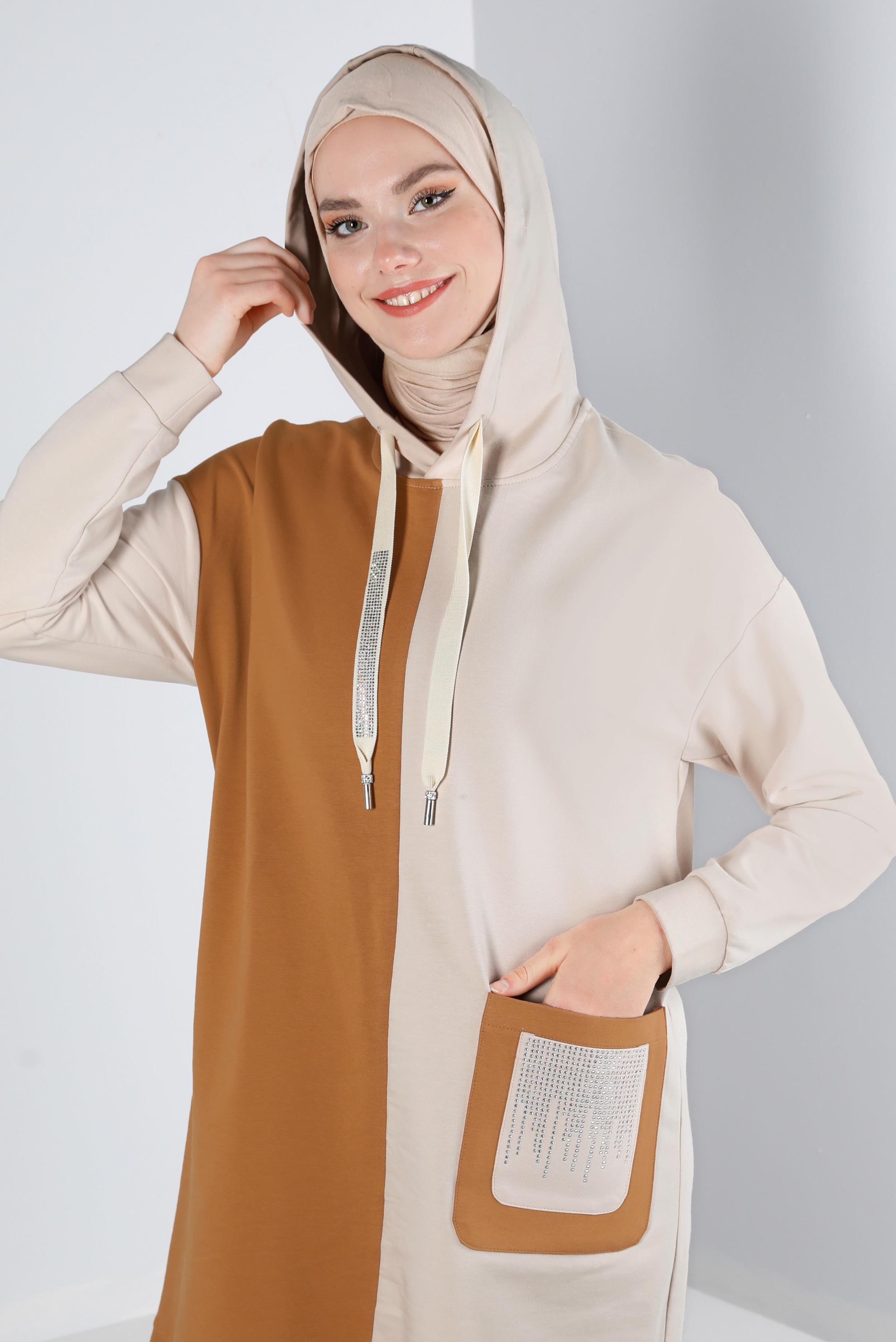 Tesettür giyim SARI RENK BLOKLU TAŞ İŞLEMELİ EŞOFMAN TUNİK 43558