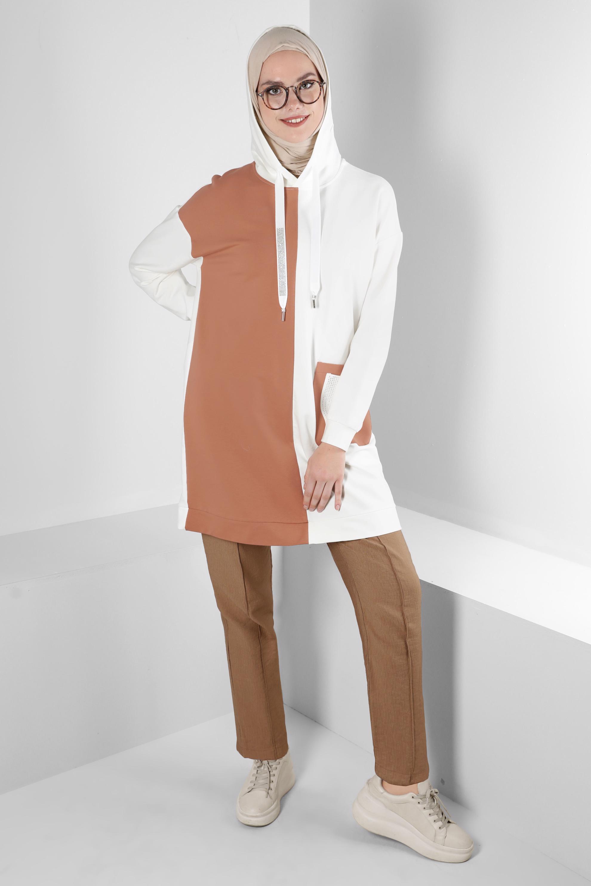 Tesettür giyim PEMBE RENK BLOKLU TAŞ İŞLEMELİ EŞOFMAN TUNİK 43558